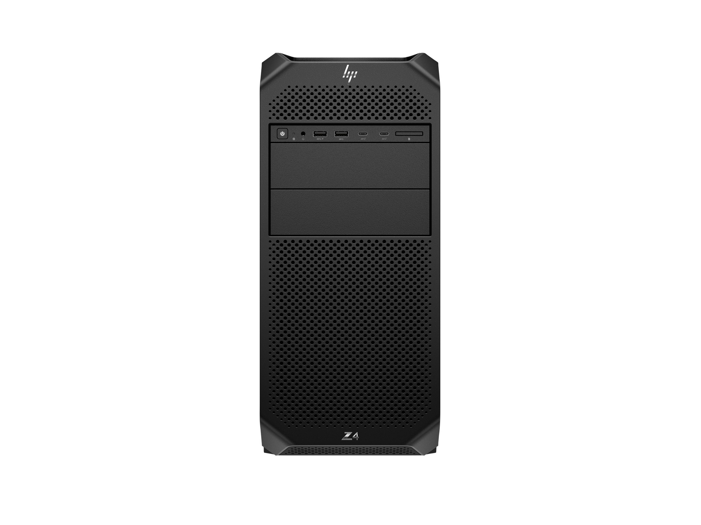 Black HP Z4 tower PC with ventilation grille, USB ports, and power button.
