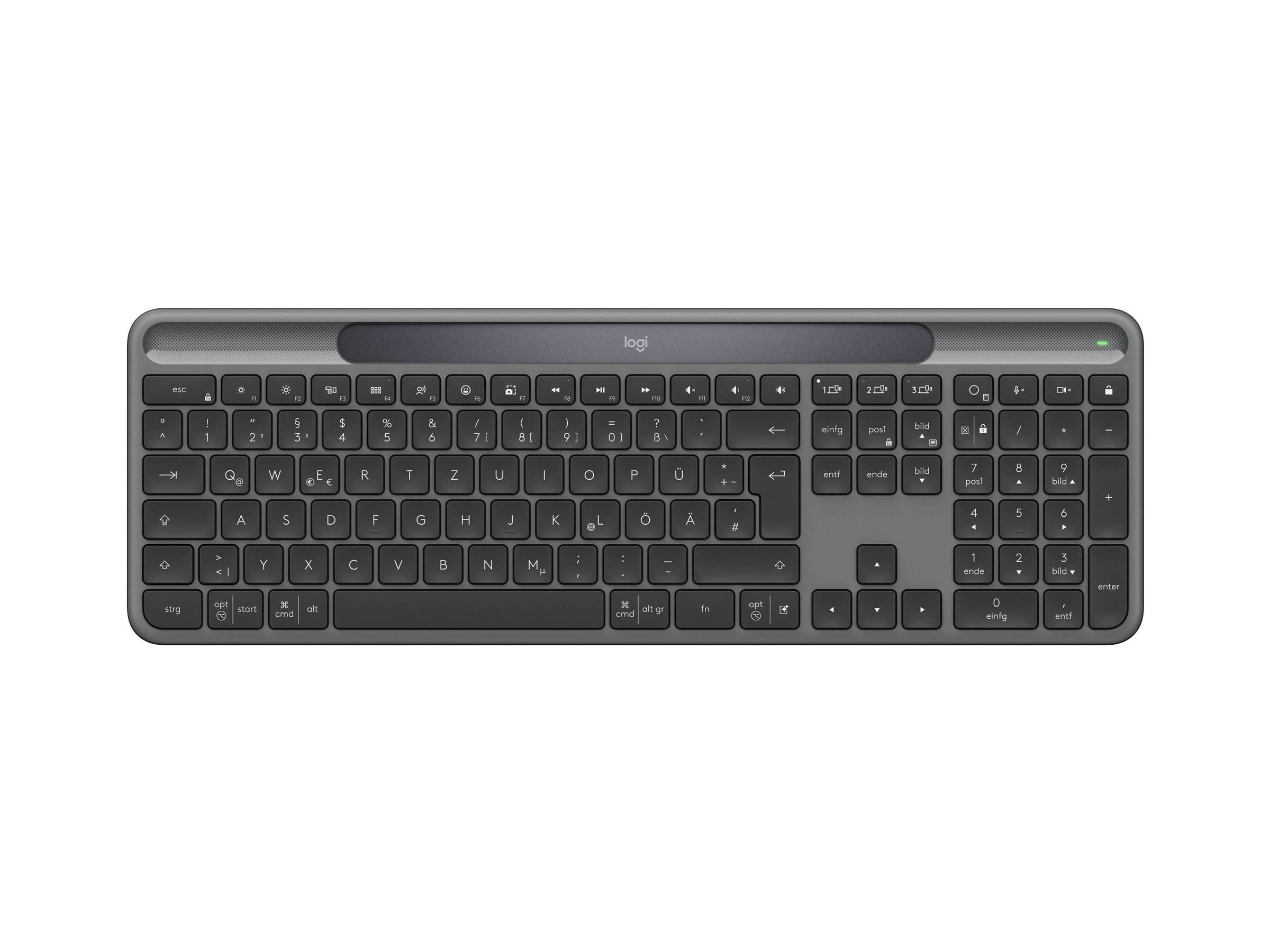 Una tastiera Logitech grigia con tastierino numerico e tasti funzione.
