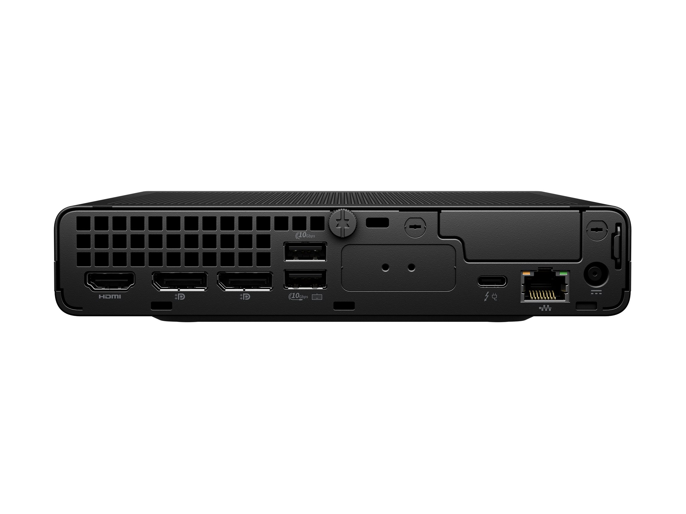 Rear view of a black mini PC showing HDMI, DisplayPort, USB, USB-C, Ethernet, and power ports.
