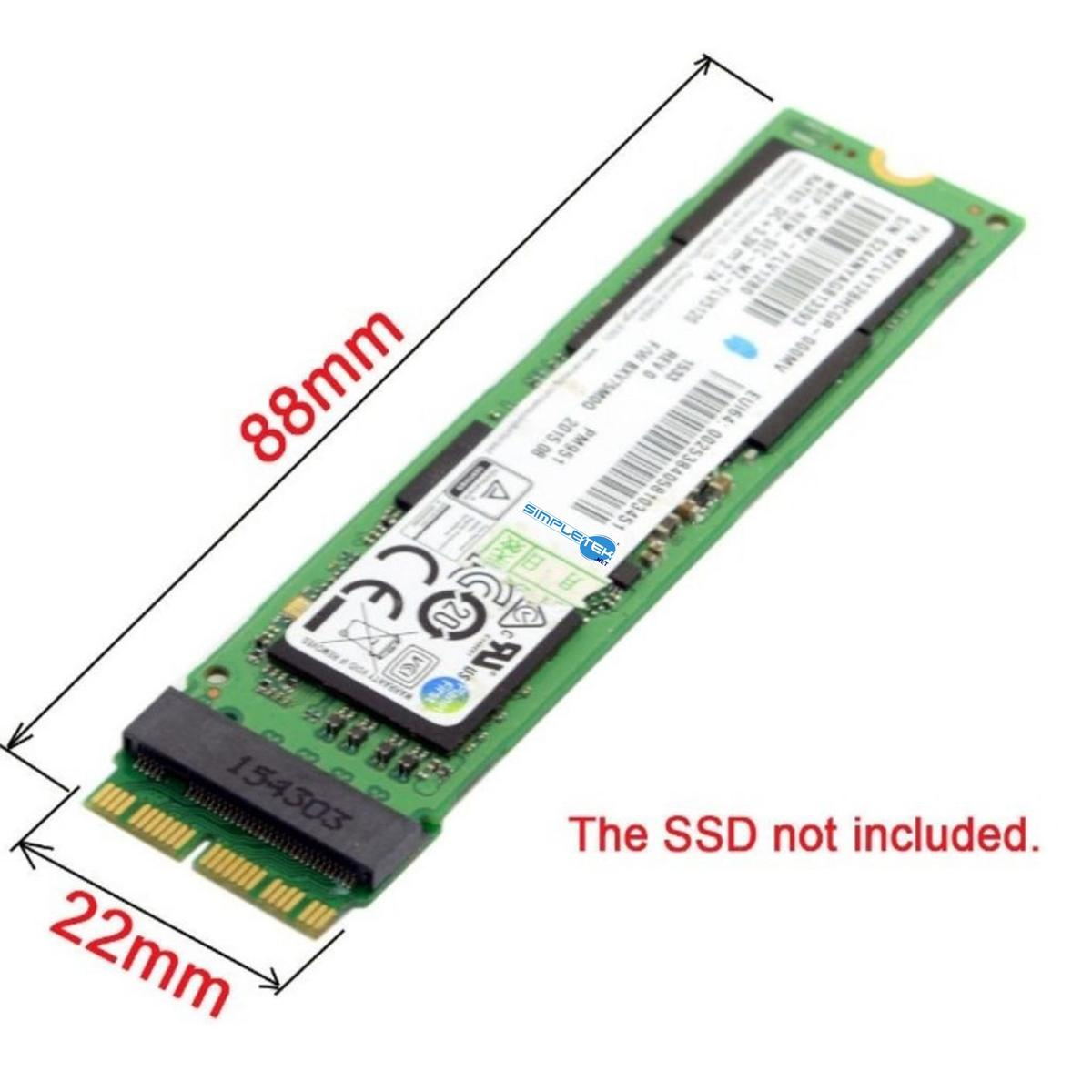 Una scheda SSD M.2 con misure 88mm e 22mm. "The SSD not included."