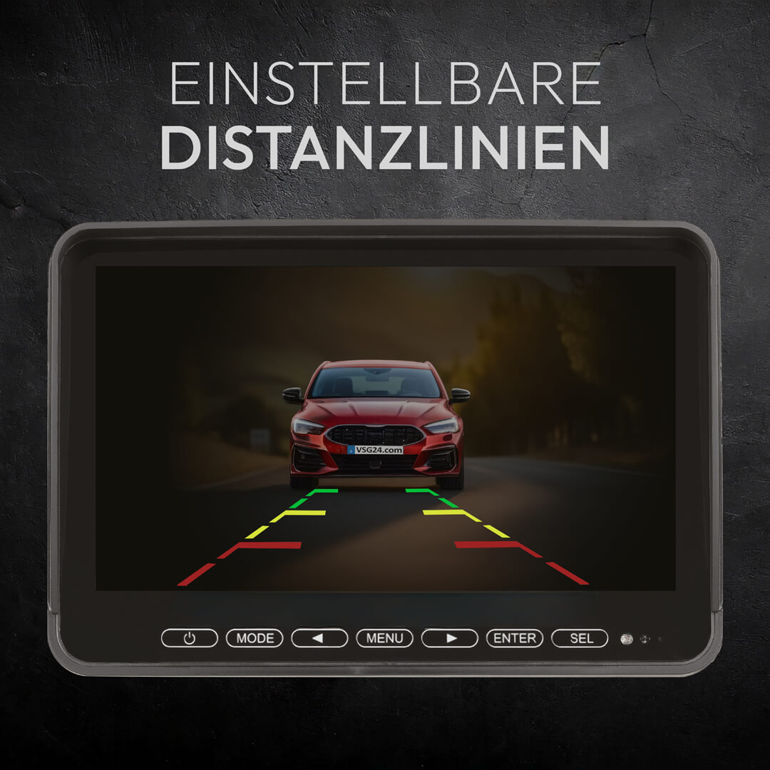 Rotes Auto wird auf einem Bildschirm mit Abstandsmarkierungen angezeigt.
