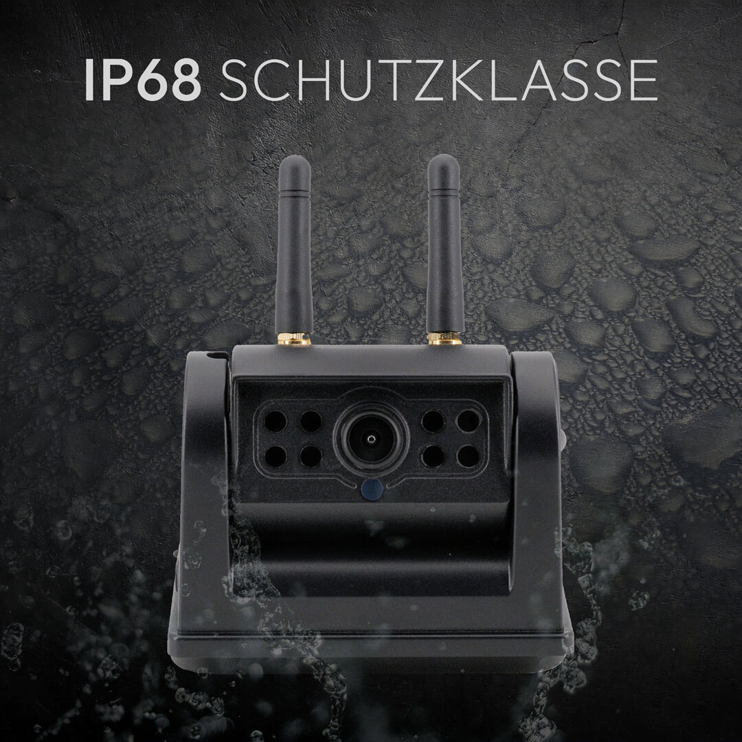 Schwarze Kamera mit zwei Antennen, IP68 Schutzklasse, Wasser darauf.