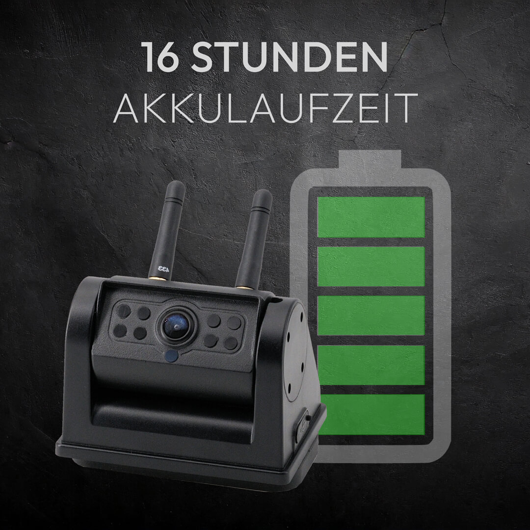 Schwarze Überwachungskamera mit Antennen und Ladeanzeige.
