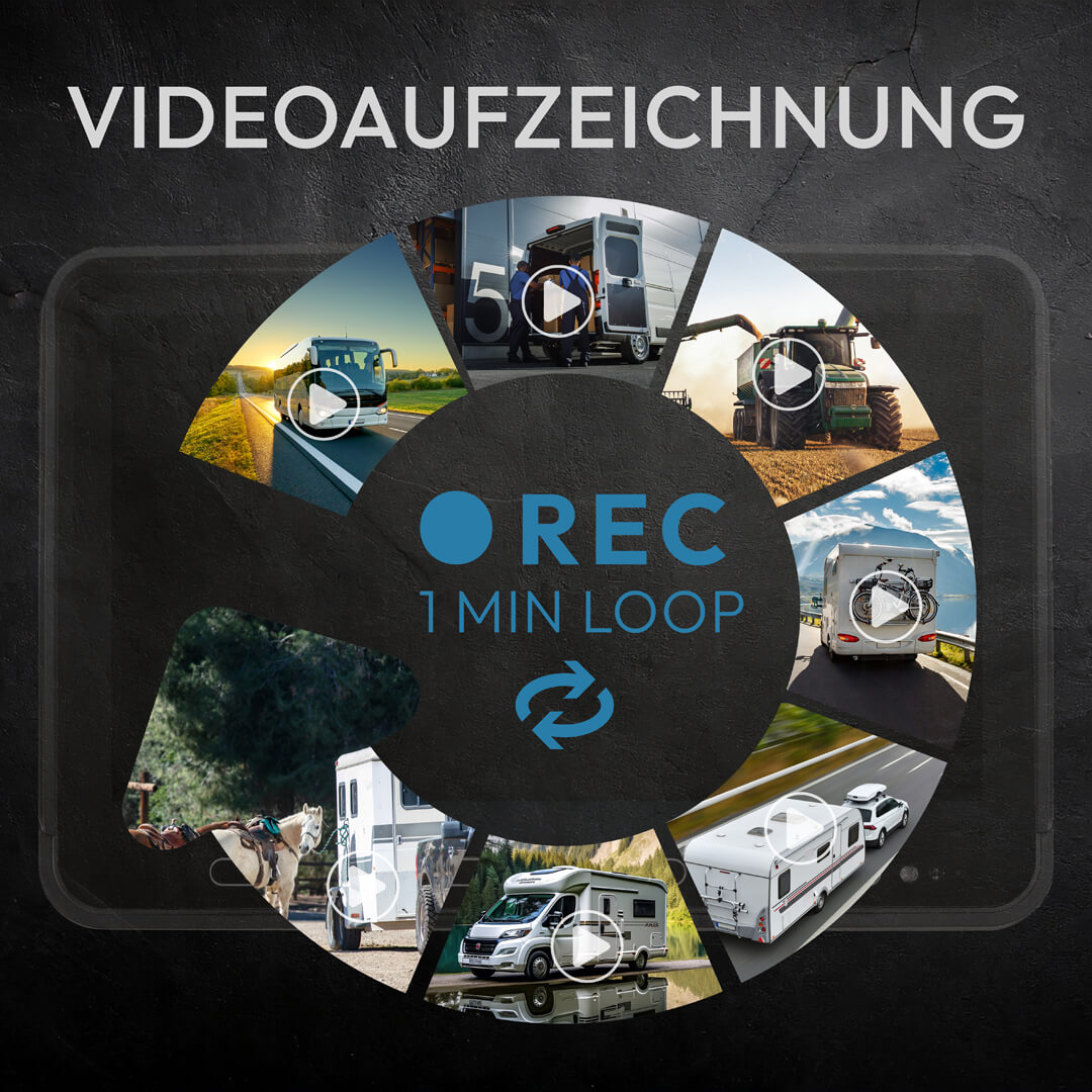 Videoaufzeichnung mit Kreis von Fahrzeugen: Wohnmobile, Anhänger, Bus, Traktor.