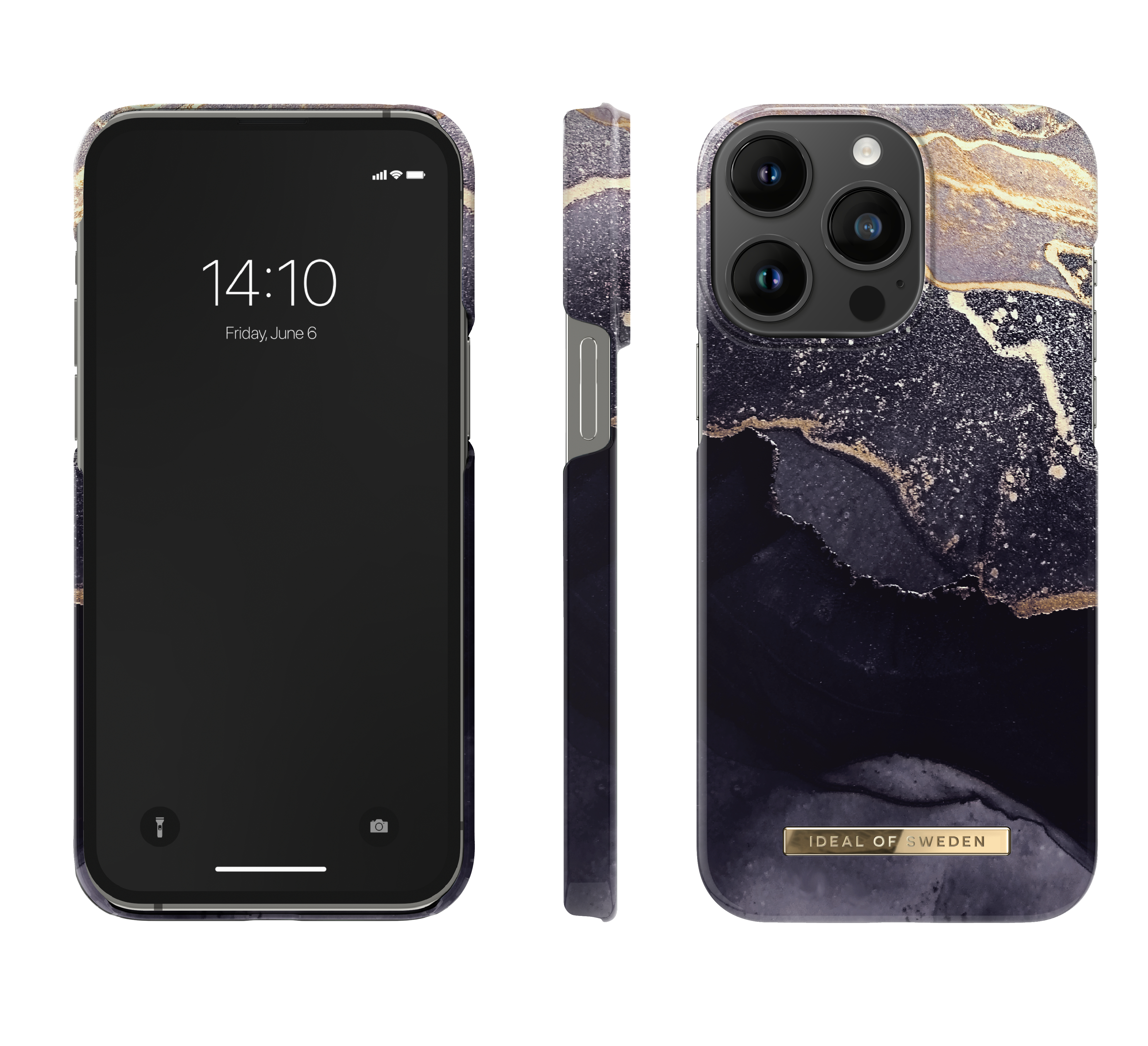Ein iPhone mit einem dunklen Marmormuster und goldenen Akzenten, dreimal gezeigt.