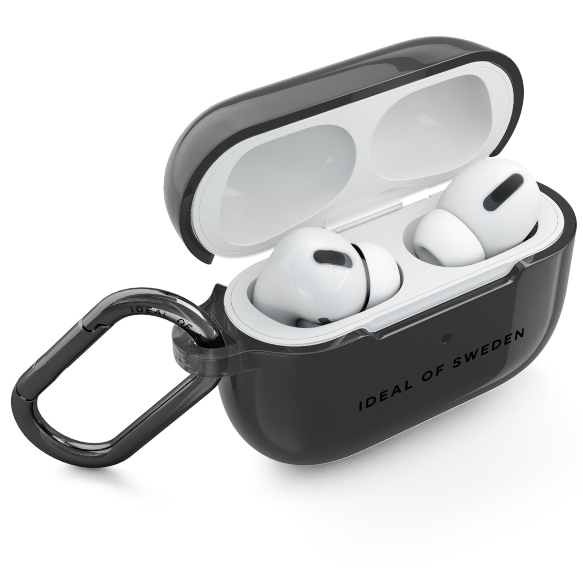 Schwarze Hülle mit weißen Kopfhörern und silbernem Karabiner.