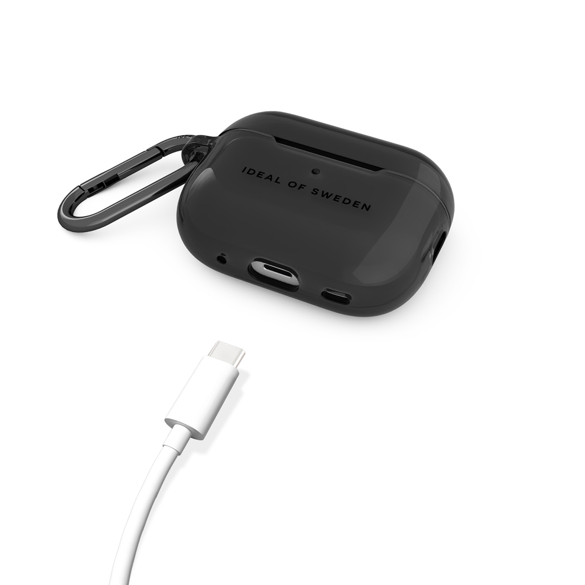 Ein schwarzes Ladeetui mit Karabiner und ein weißes USB-C-Kabel.
