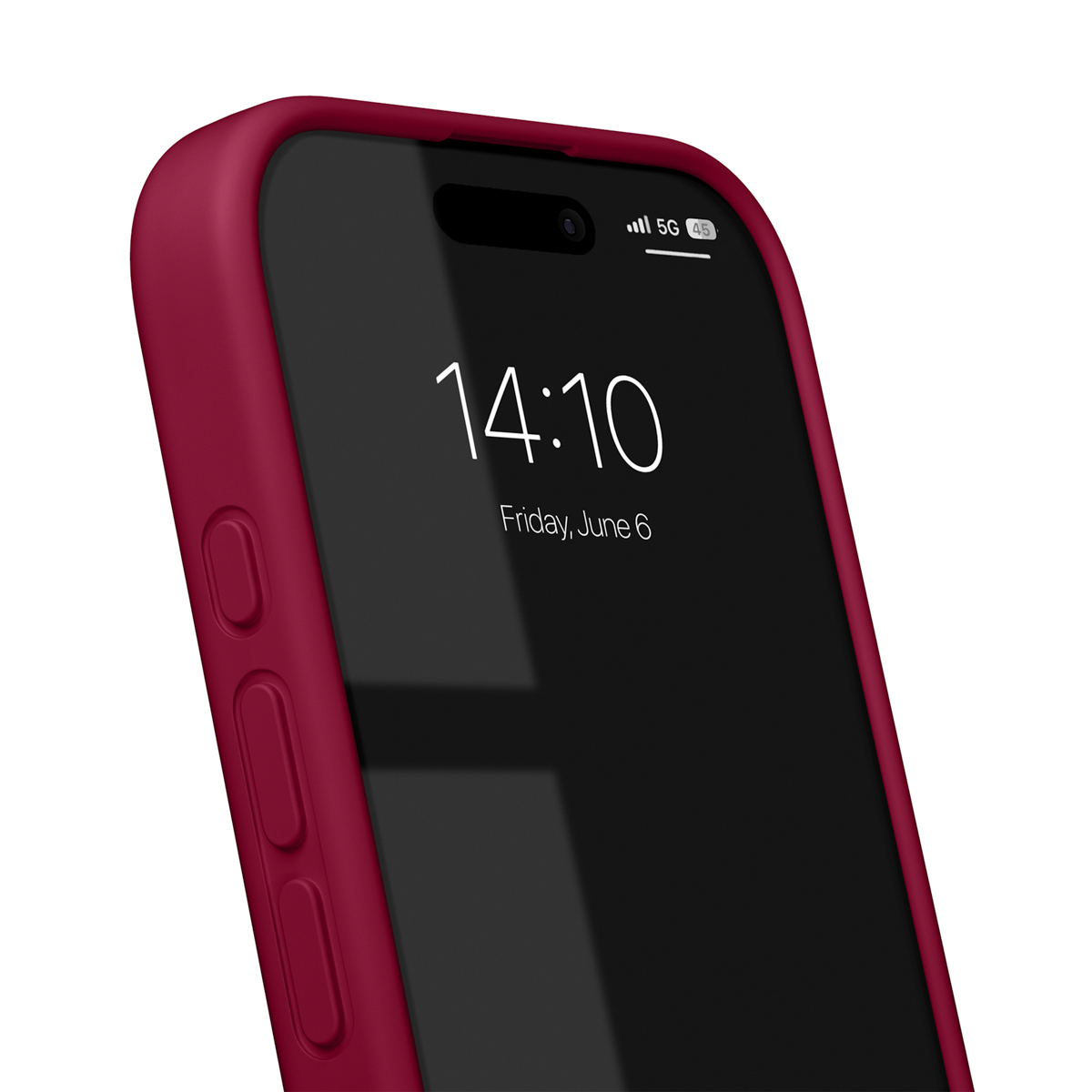 Ein rotes iPhone mit gesperrtem Bildschirm, 14:10 Uhr, Freitag, 6. Juni.