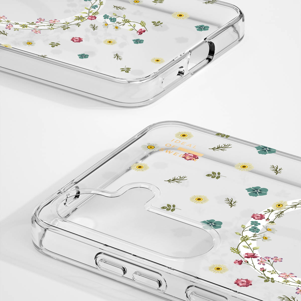 Transparente Handyhüllen mit Blumenmuster und Aufschrift.