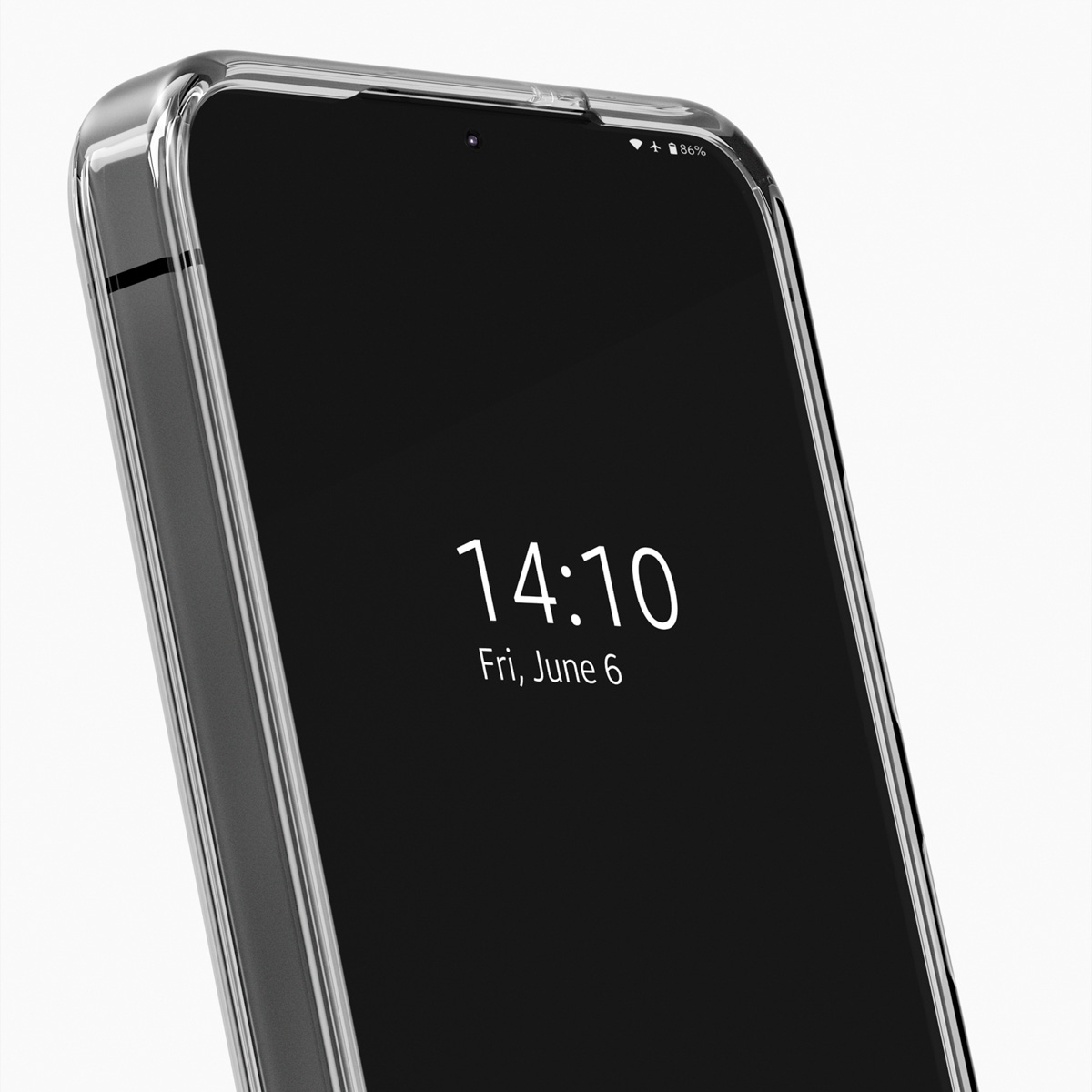 Ein Smartphone in einer klaren Hülle zeigt 14:10 und Freitag, 6. Juni.