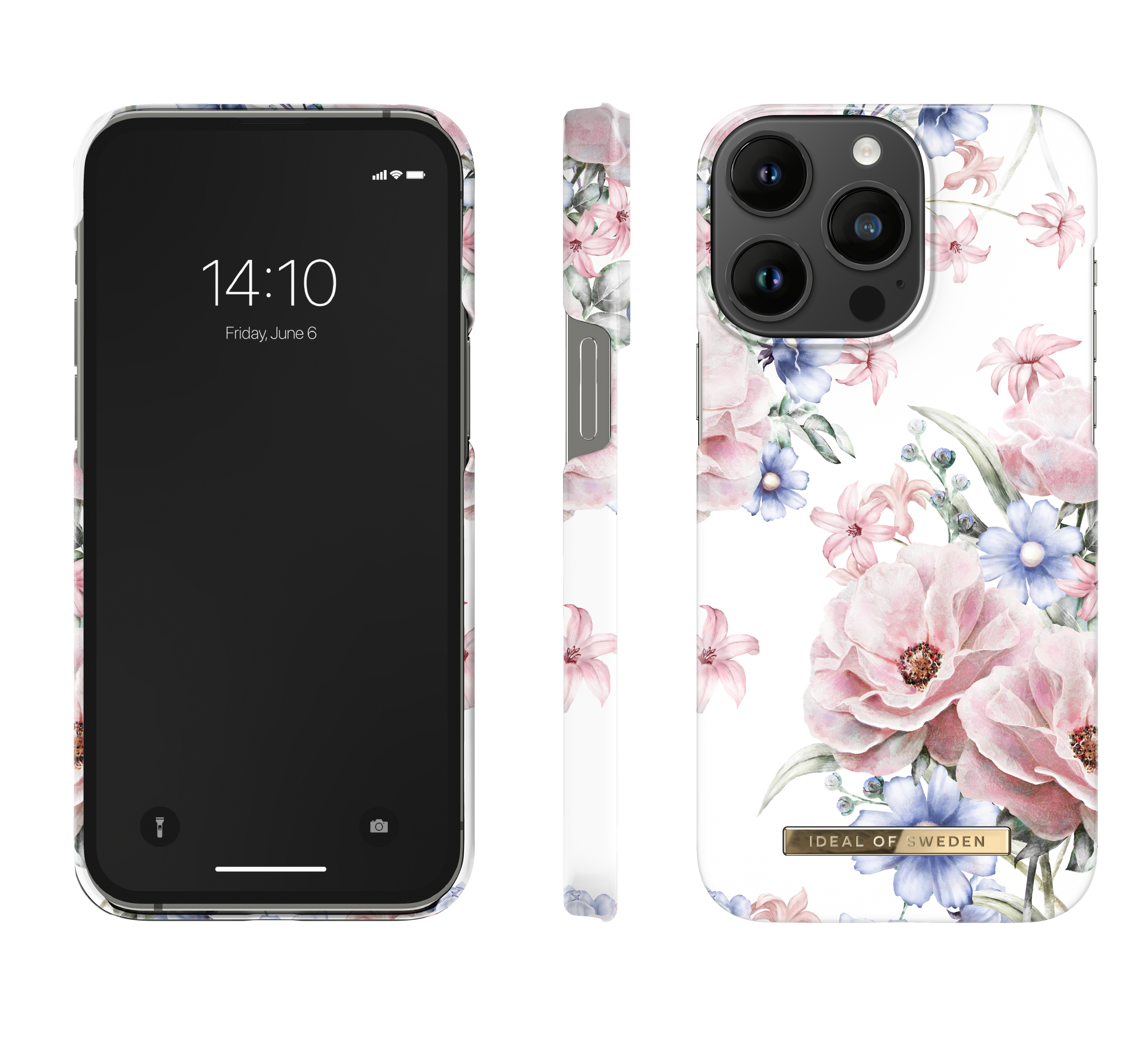 iPhone-Hülle mit zarten rosa und blauen Blumen auf weißem Hintergrund.