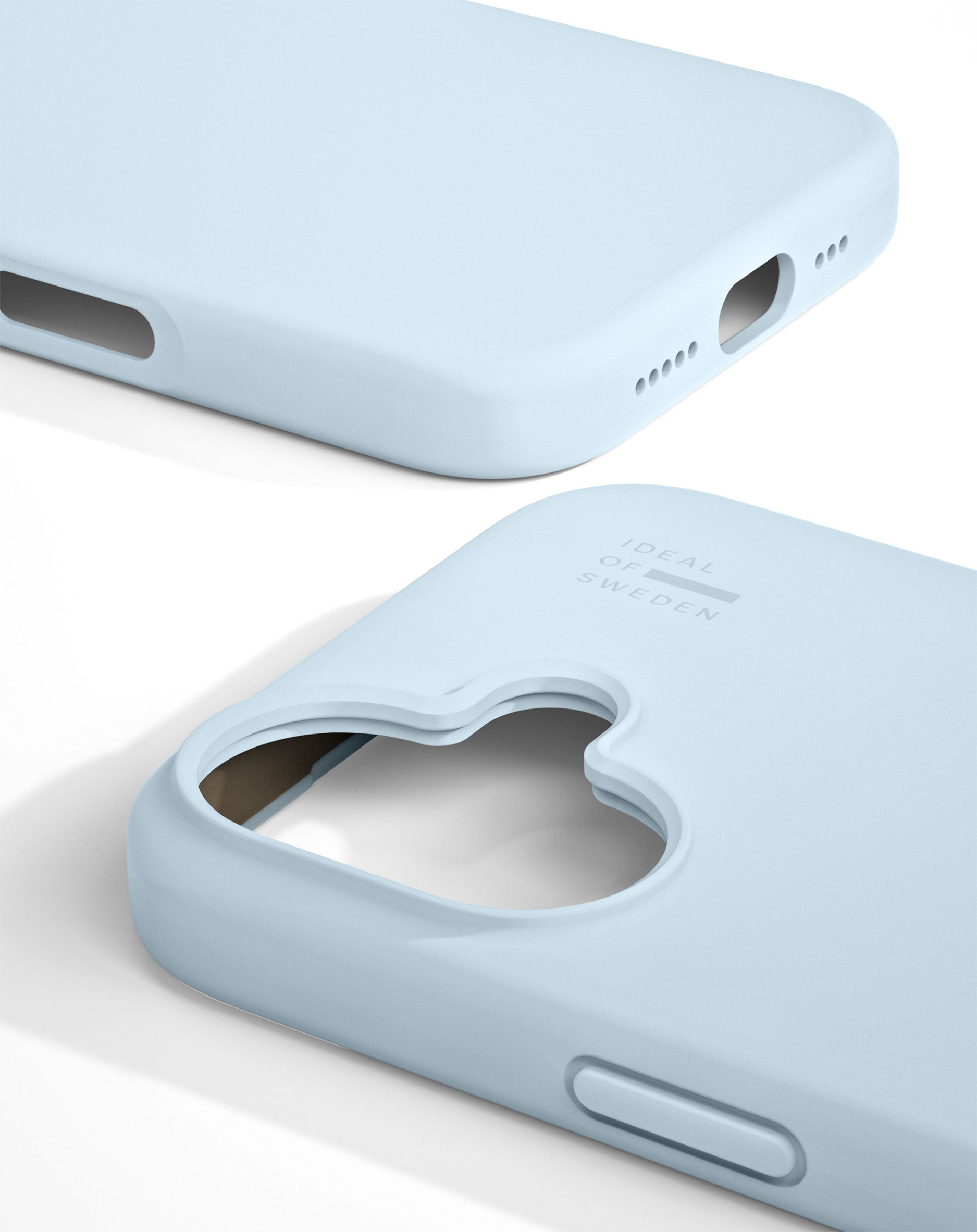 Helles blaues Handyhülle mit Ausschnitten für Anschlüsse und Tasten.