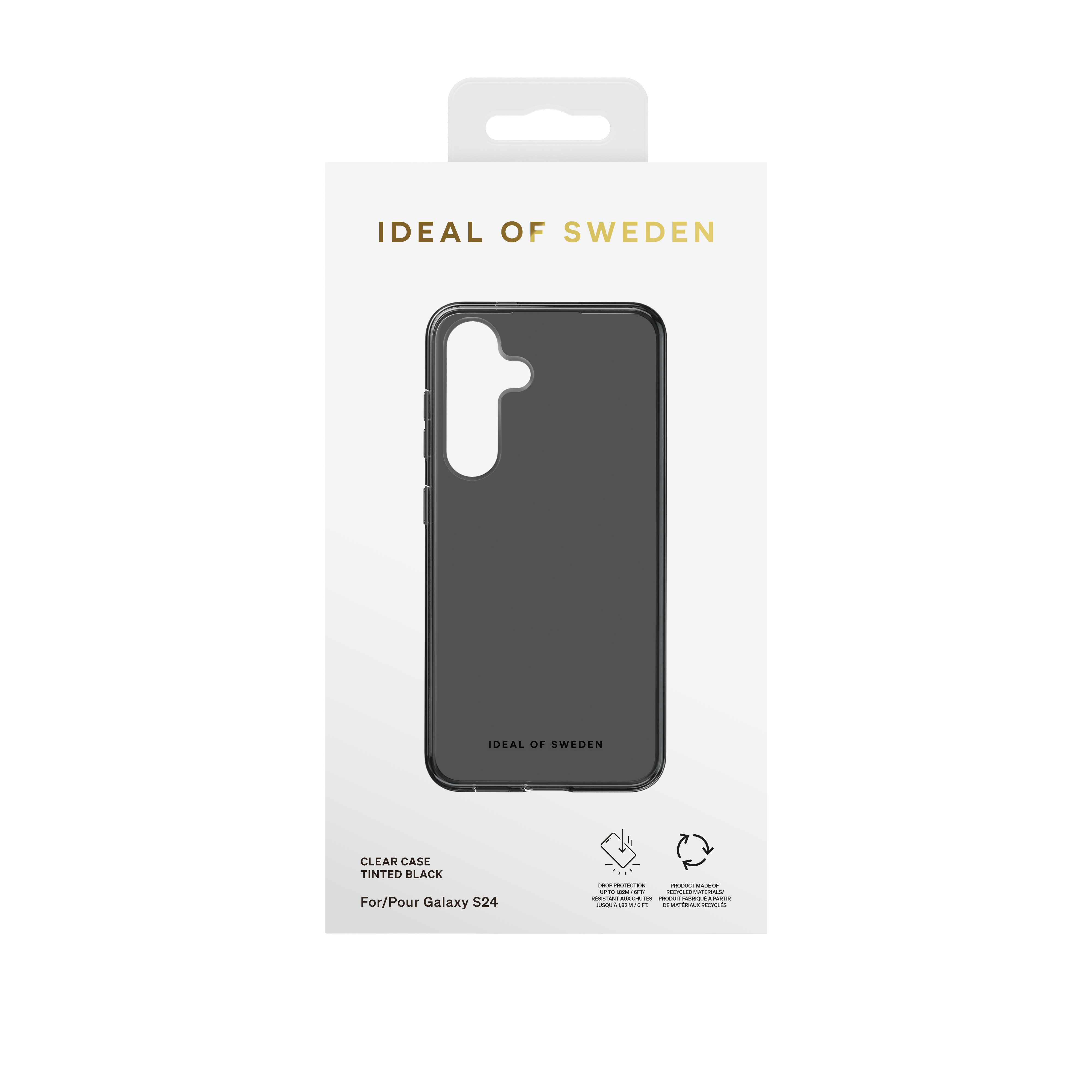 Verpackung für eine schwarze Hülle für das Galaxy S24 mit Logo.