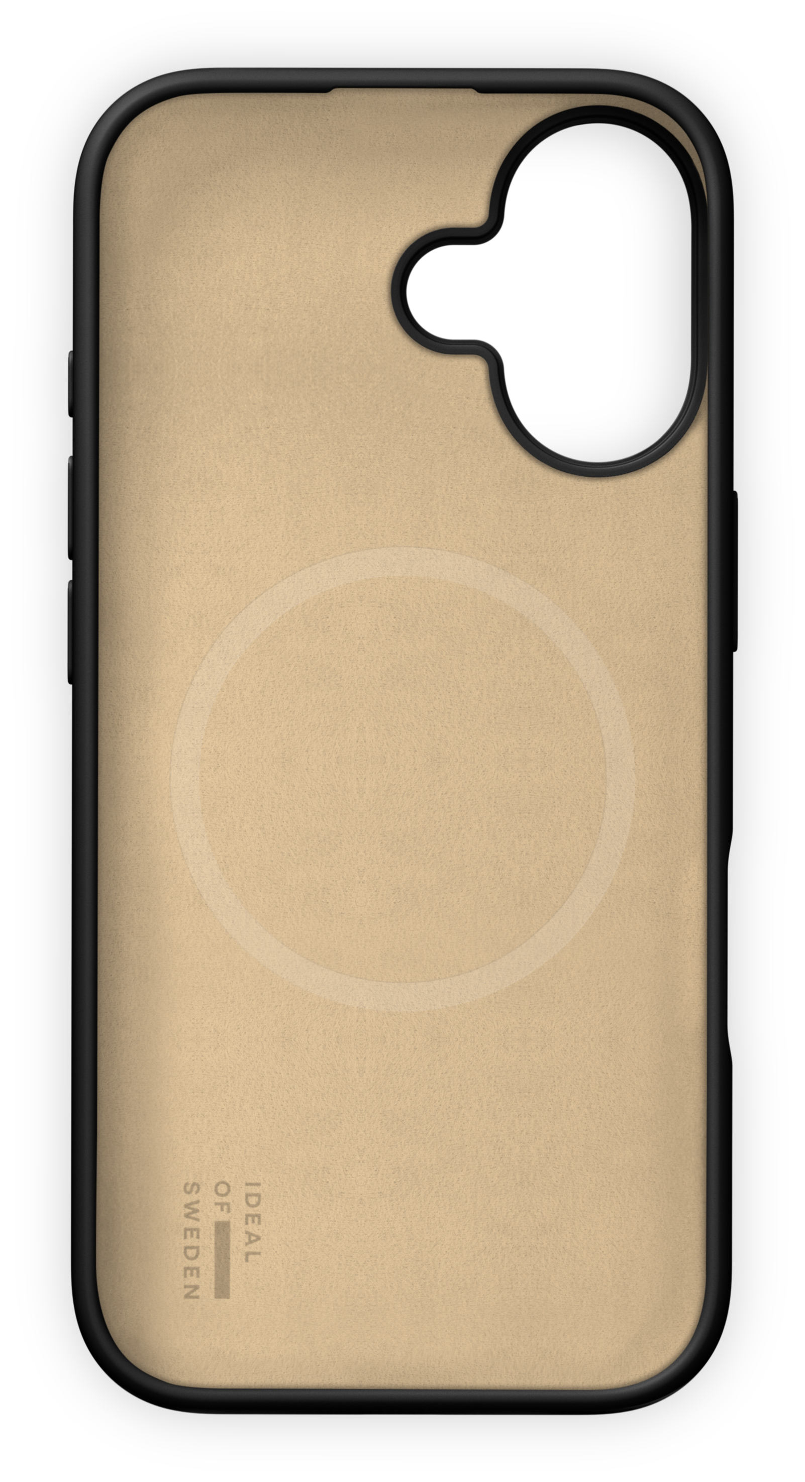 Eine beige Handyhülle mit schwarzem Rand und Kameraaussparung.