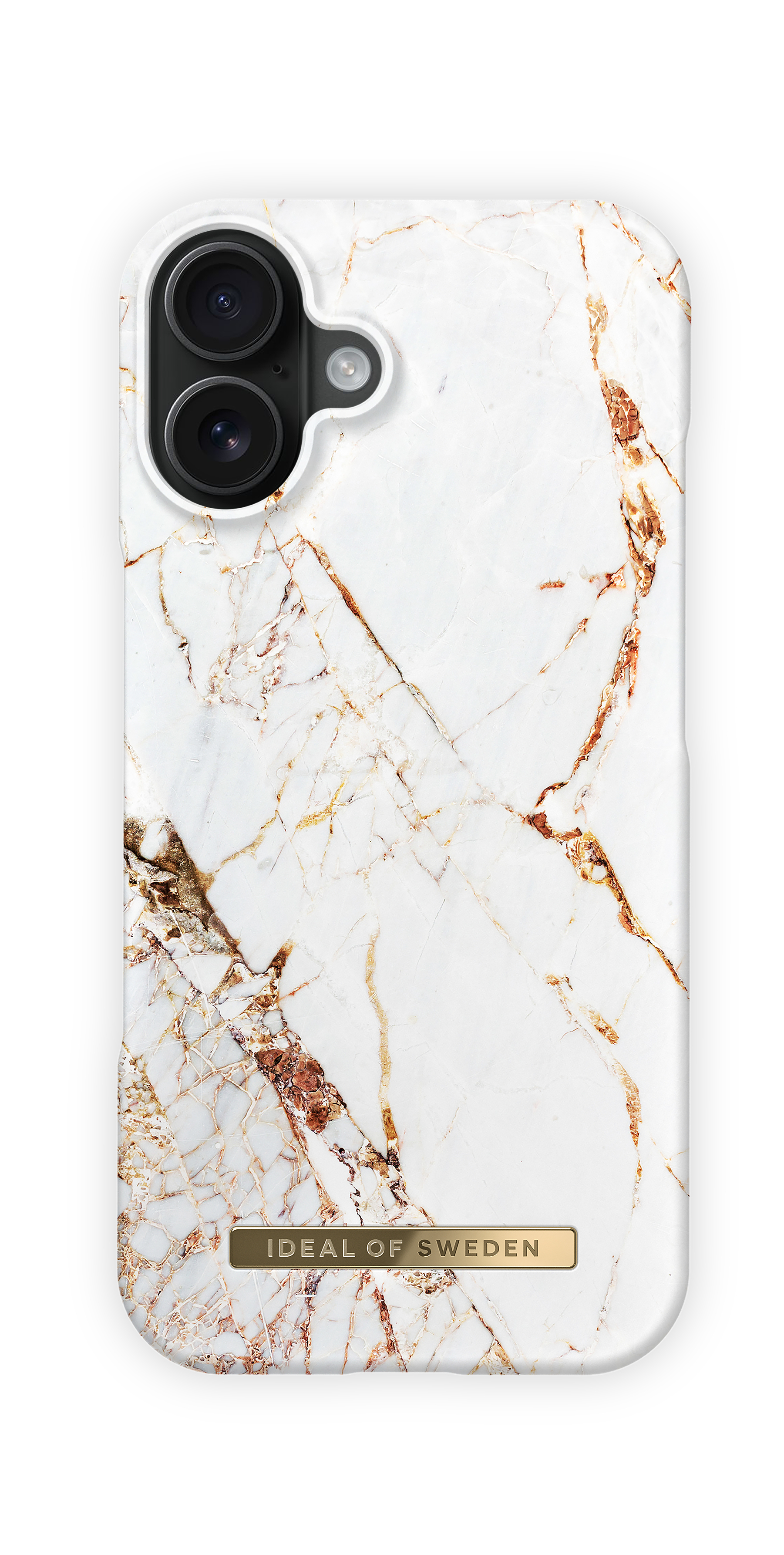 Ein weißes Handycover mit Marmormuster und goldenen Adern.
