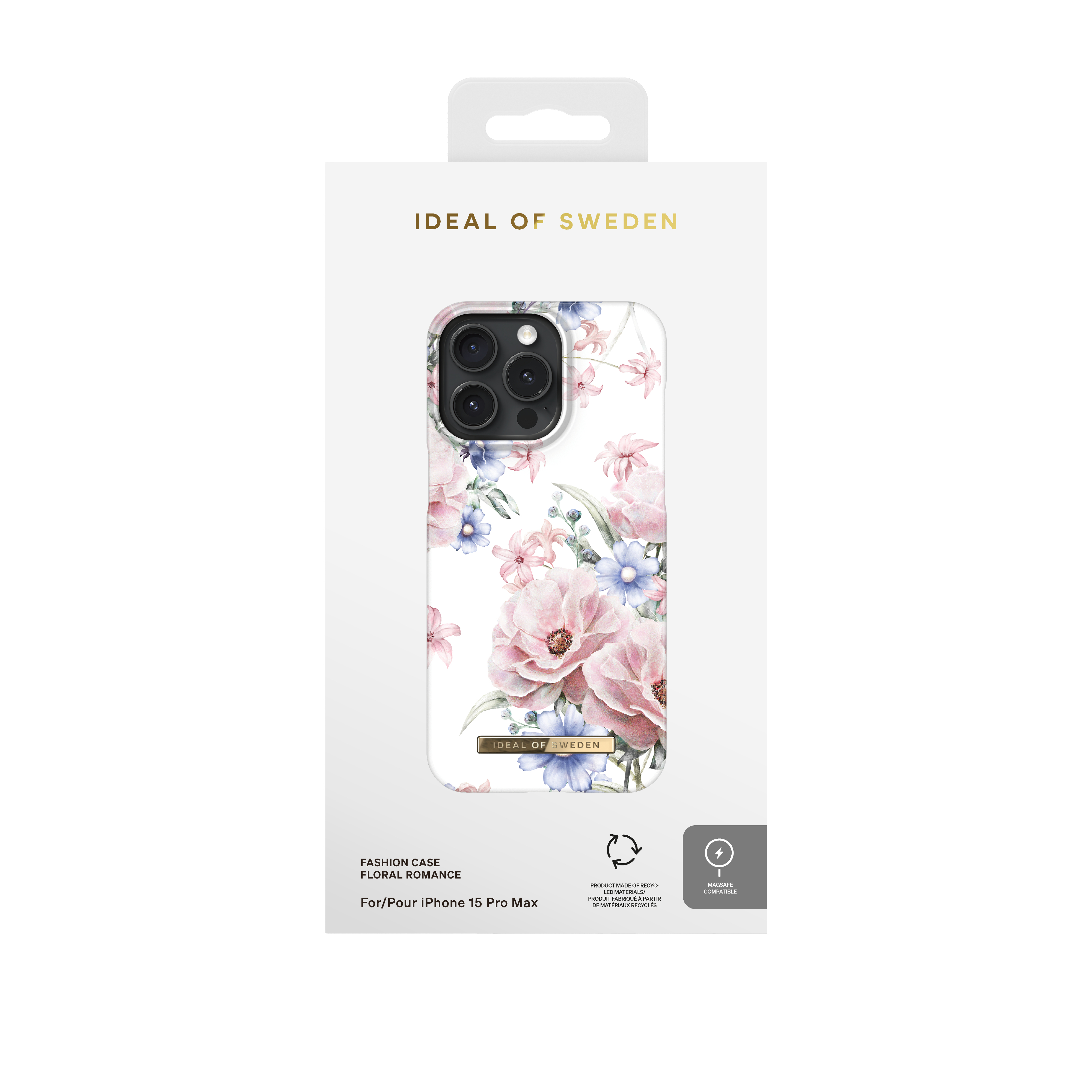 Verpackung für ein iPhone 15 Pro Max Hülle mit Blumenmuster, die Magsafe-kompatibel ist.