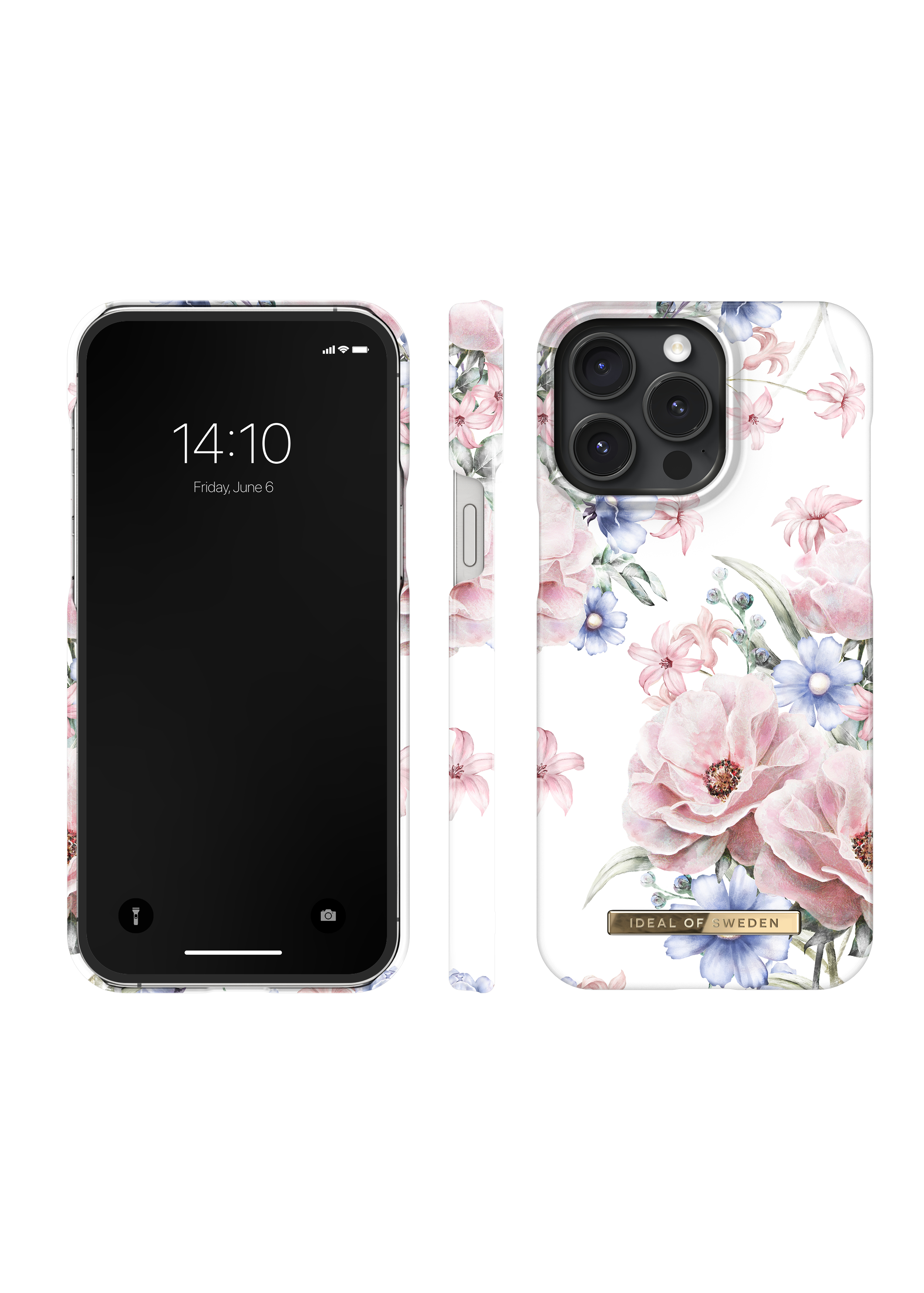 Ein iPhone-Gehäuse mit Blumenmuster, Vorder-, Seiten- und Rückansicht.
