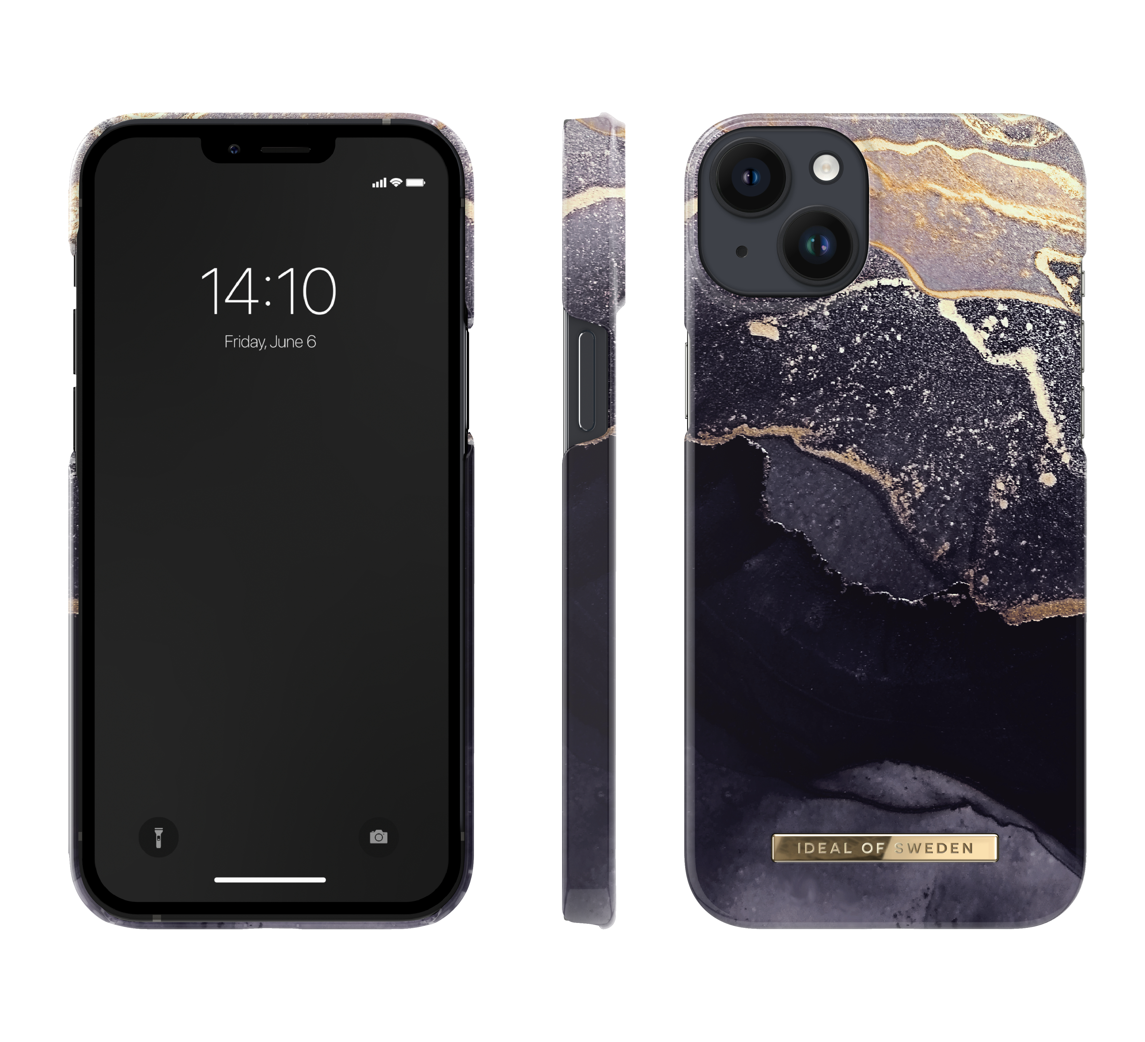 Ein iPhone mit Marmor-Design Hülle in Dunkelgrau, Schwarz und Gold. Links das Display, Mitte die Kante, rechts die Rückseite.