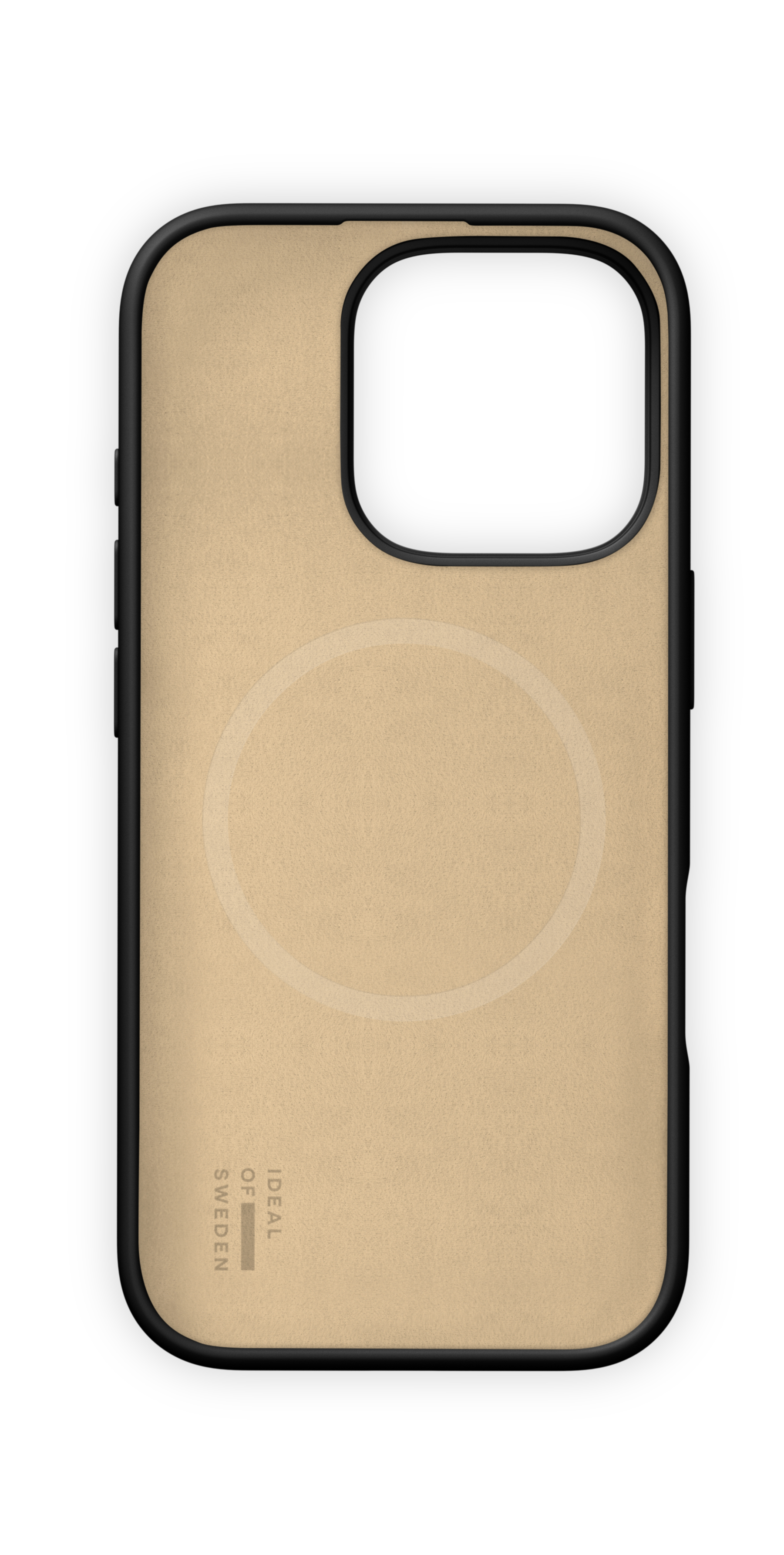 Eine beige Handyhülle mit schwarzem Rand auf weißem Hintergrund.