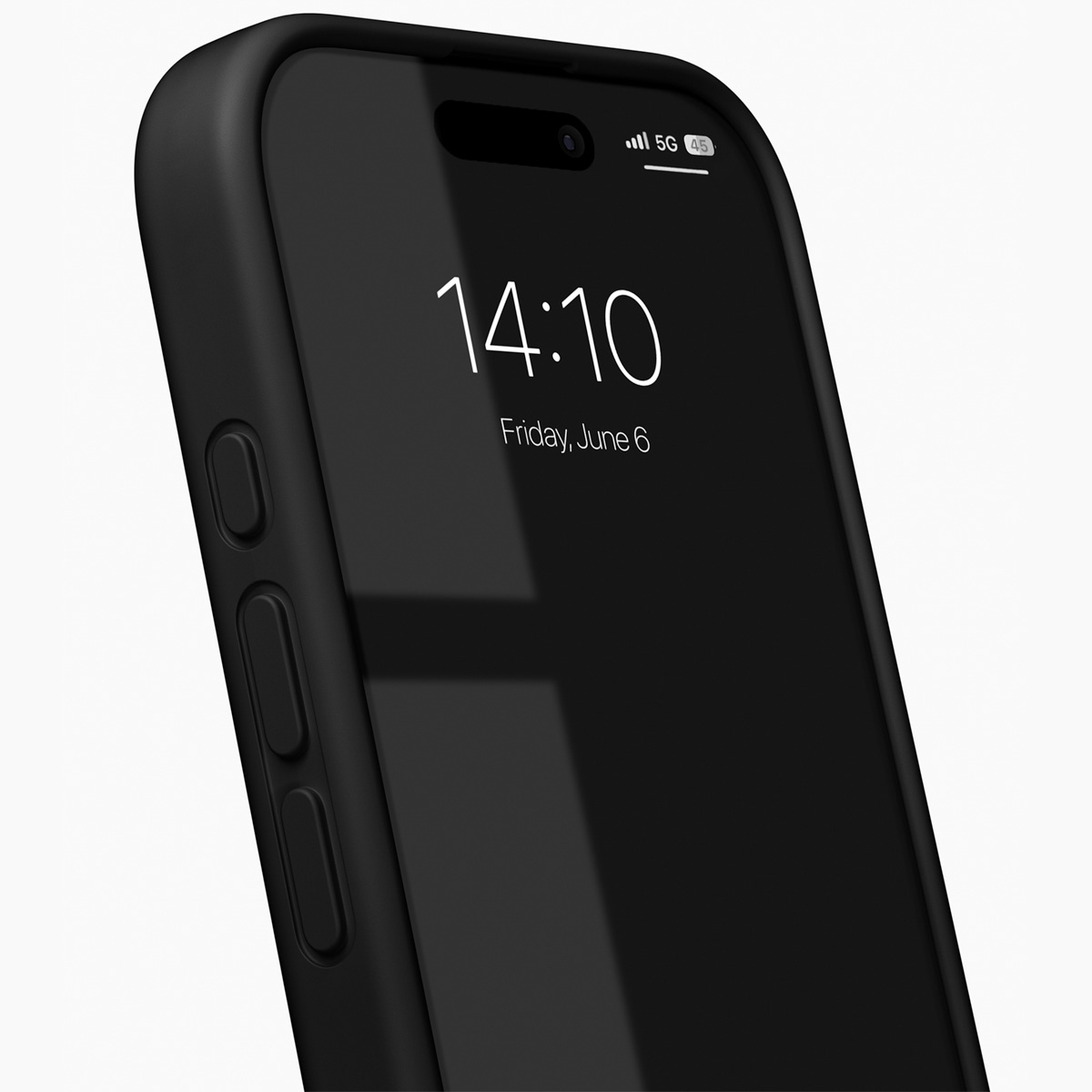 Schwarzes Smartphone im Case mit gesperrtem Bildschirm und 14:10 Uhrzeit.