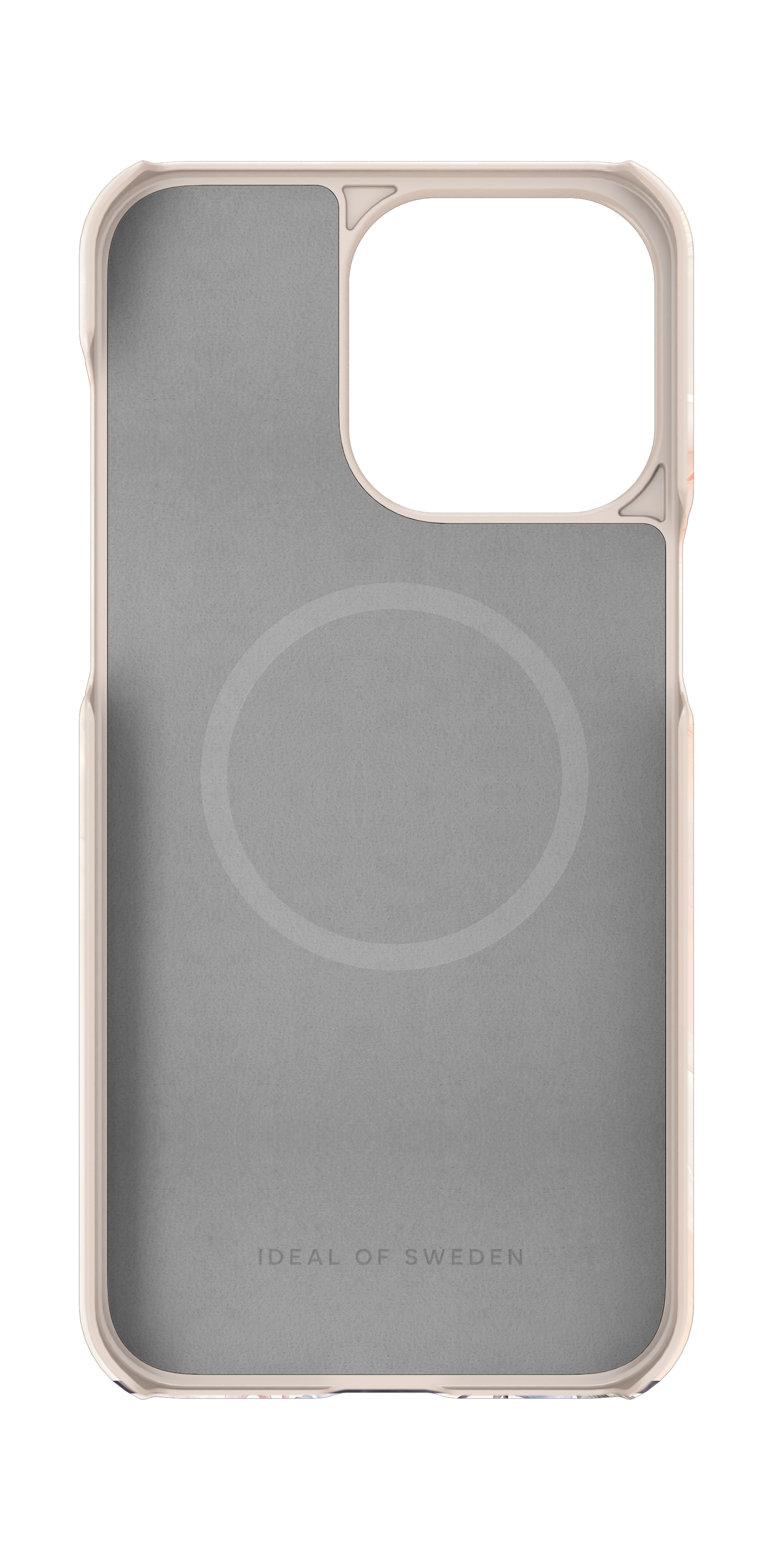 Eine beige Handyhülle mit grauer Rückseite und einem Kreis.