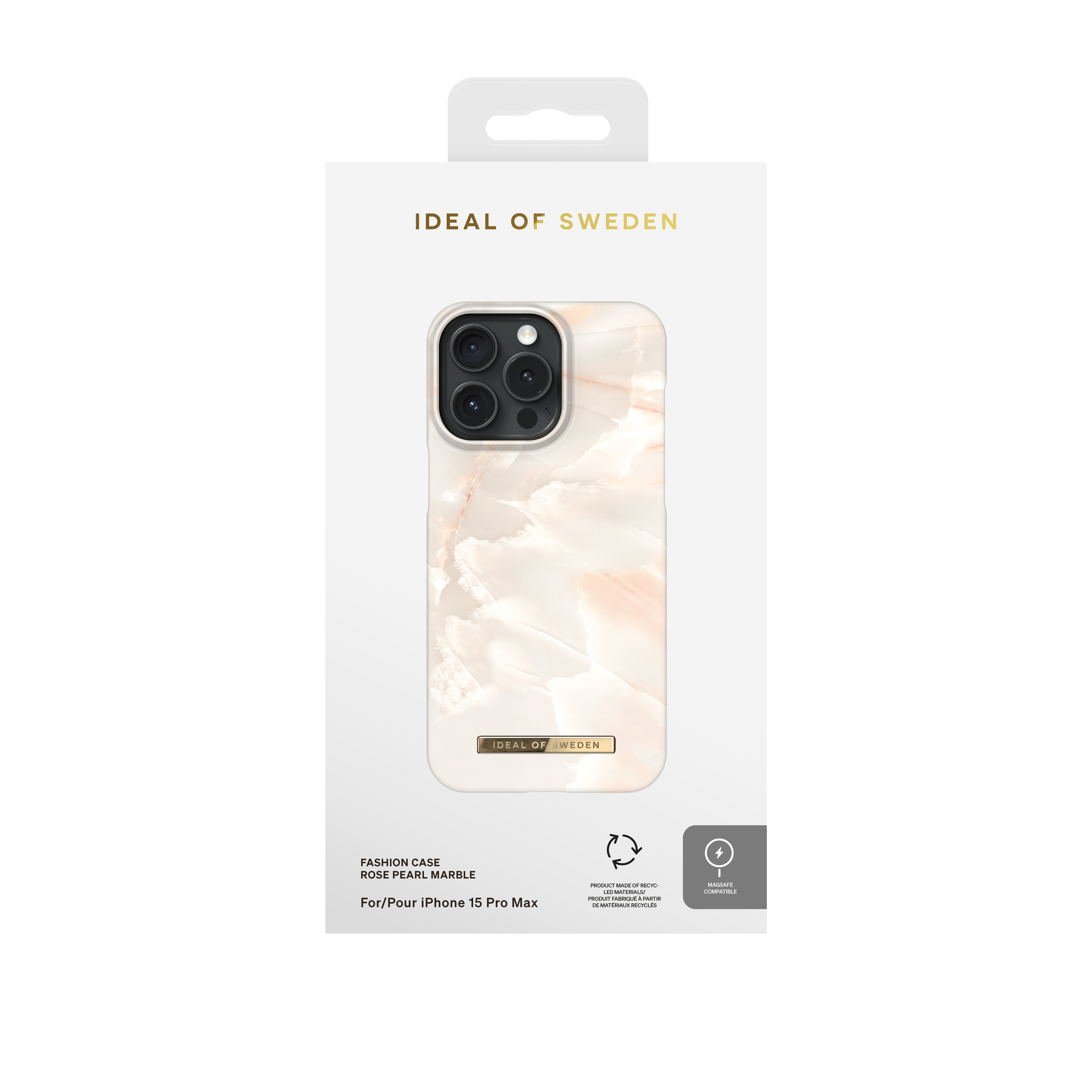 Verpackung für eine iPhone 15 Pro Max Hülle mit Marmormuster.
