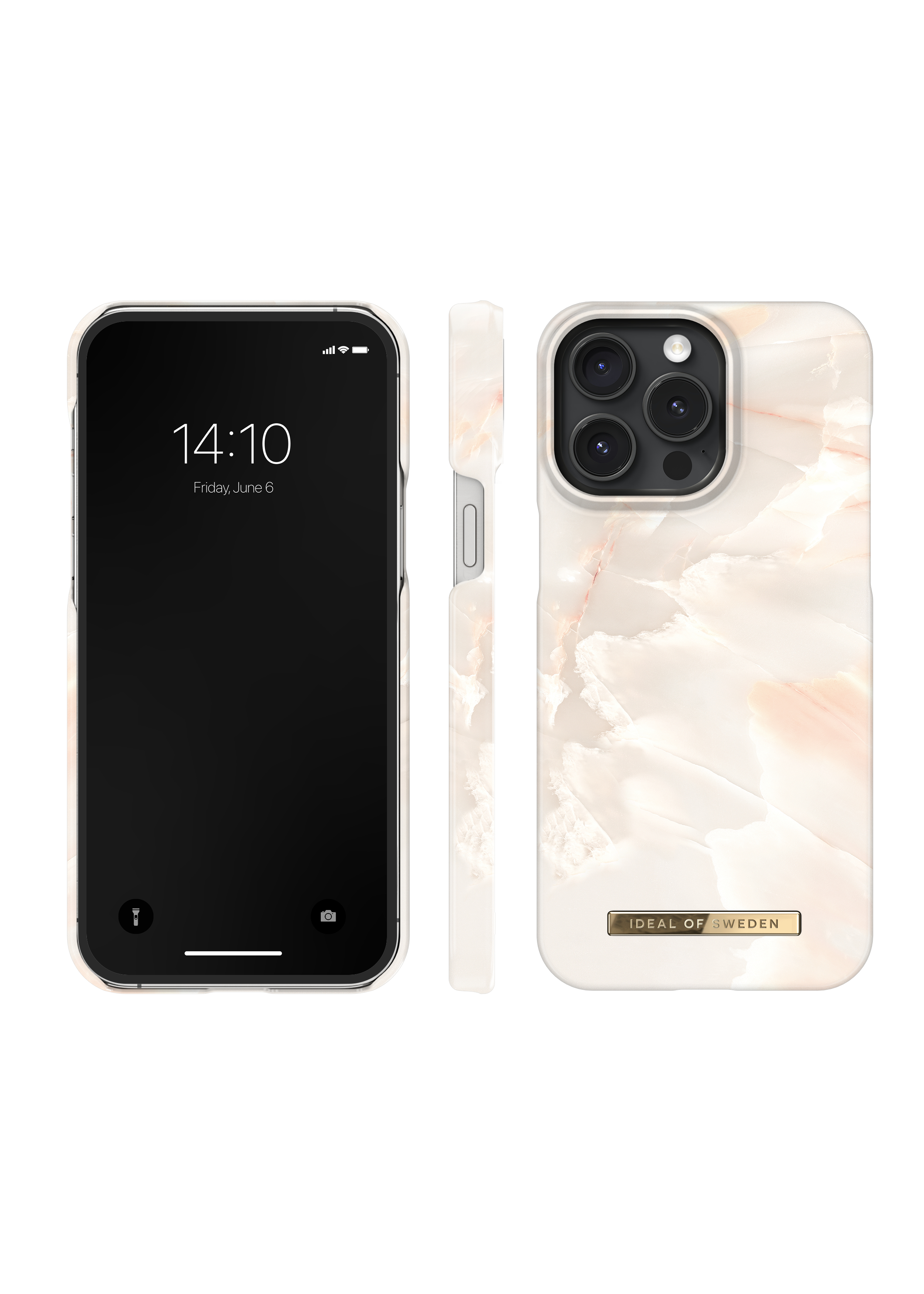Ein iPhone mit Marmormuster-Hülle, Vorder- und Seitenansicht.