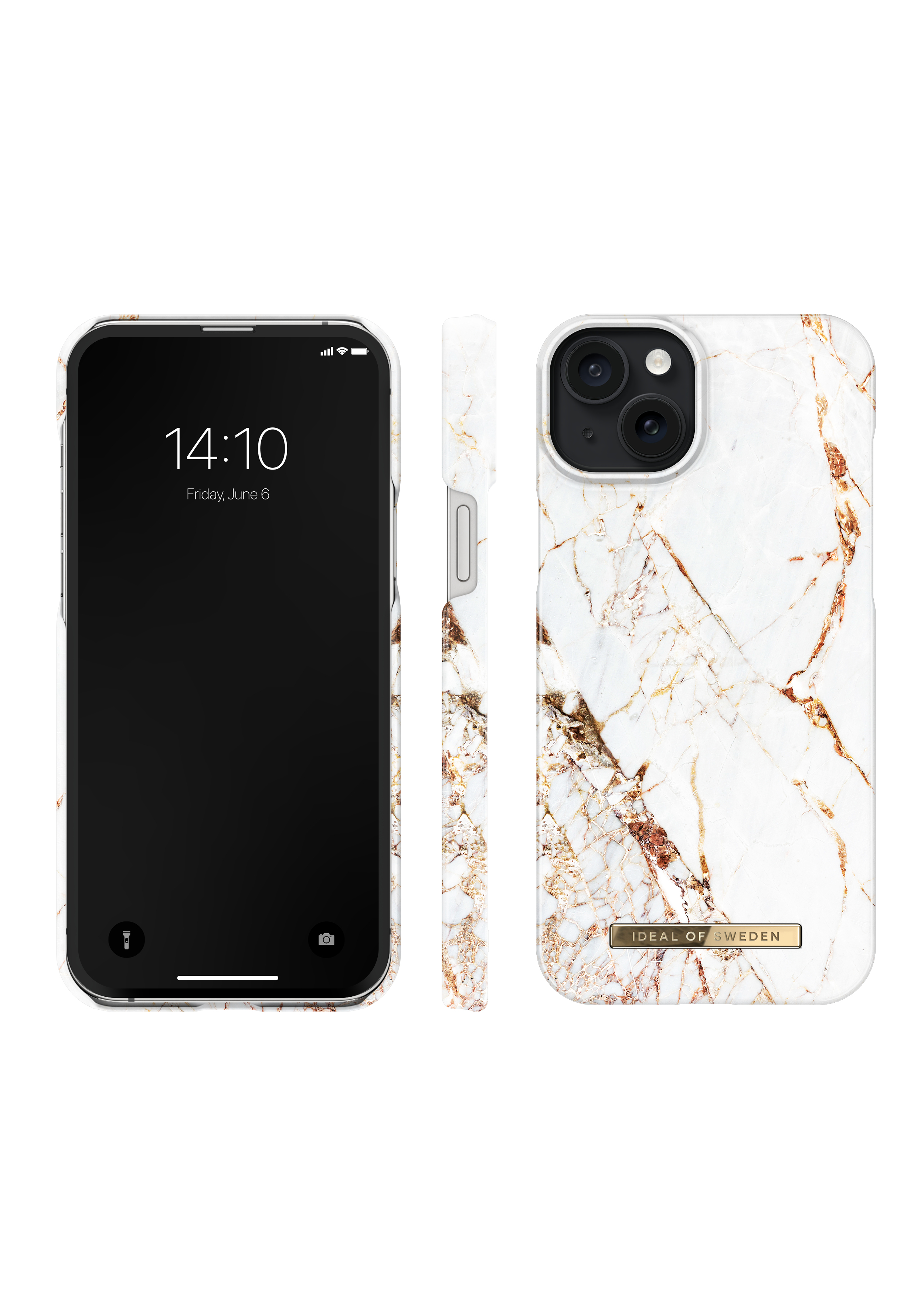 Ein iPhone-Gehäuse mit Marmormuster in Weiß und Gold, von vorne, seitlich und hinten gezeigt.