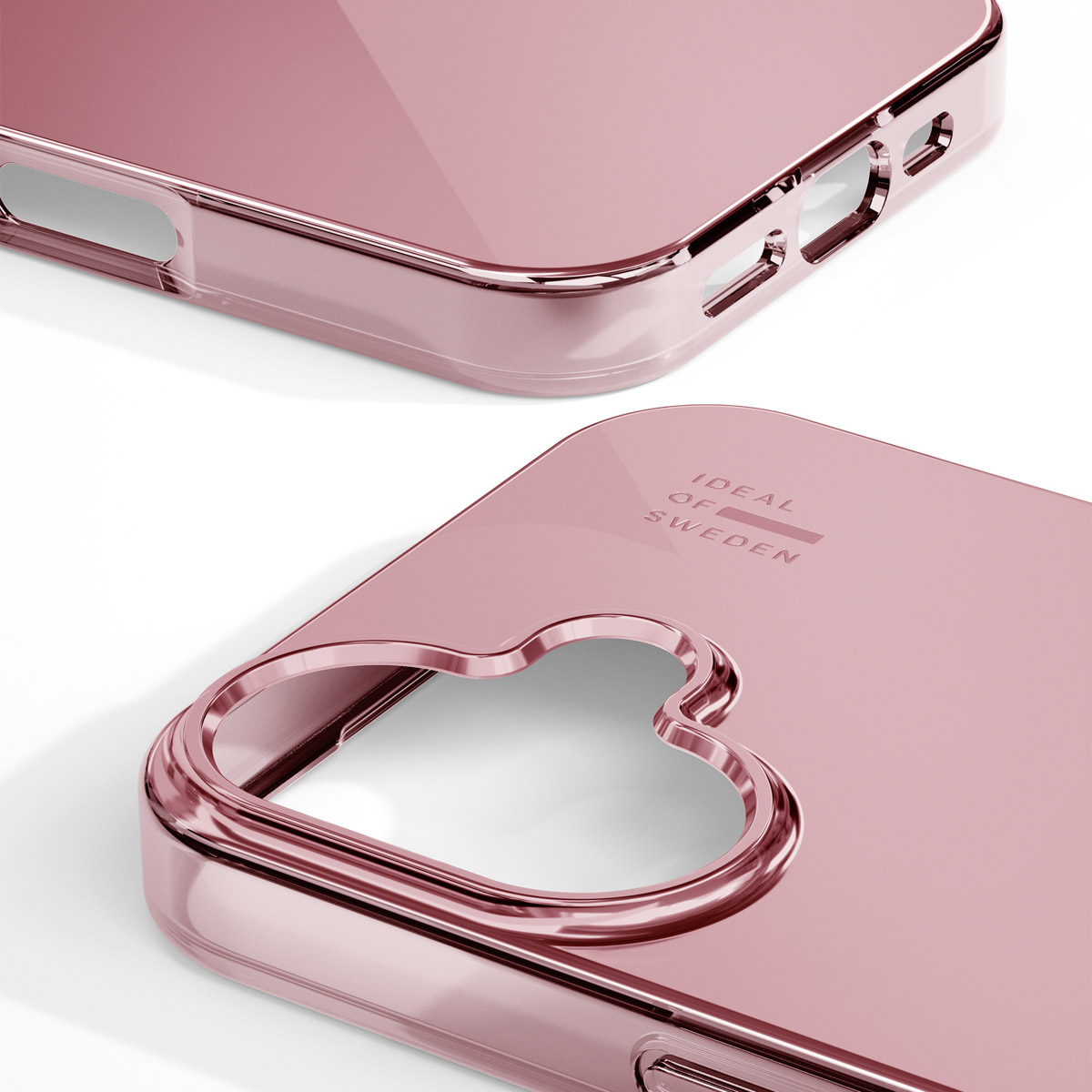Roségoldene Handyhülle mit Kameraaussparung und Markenschriftzug.