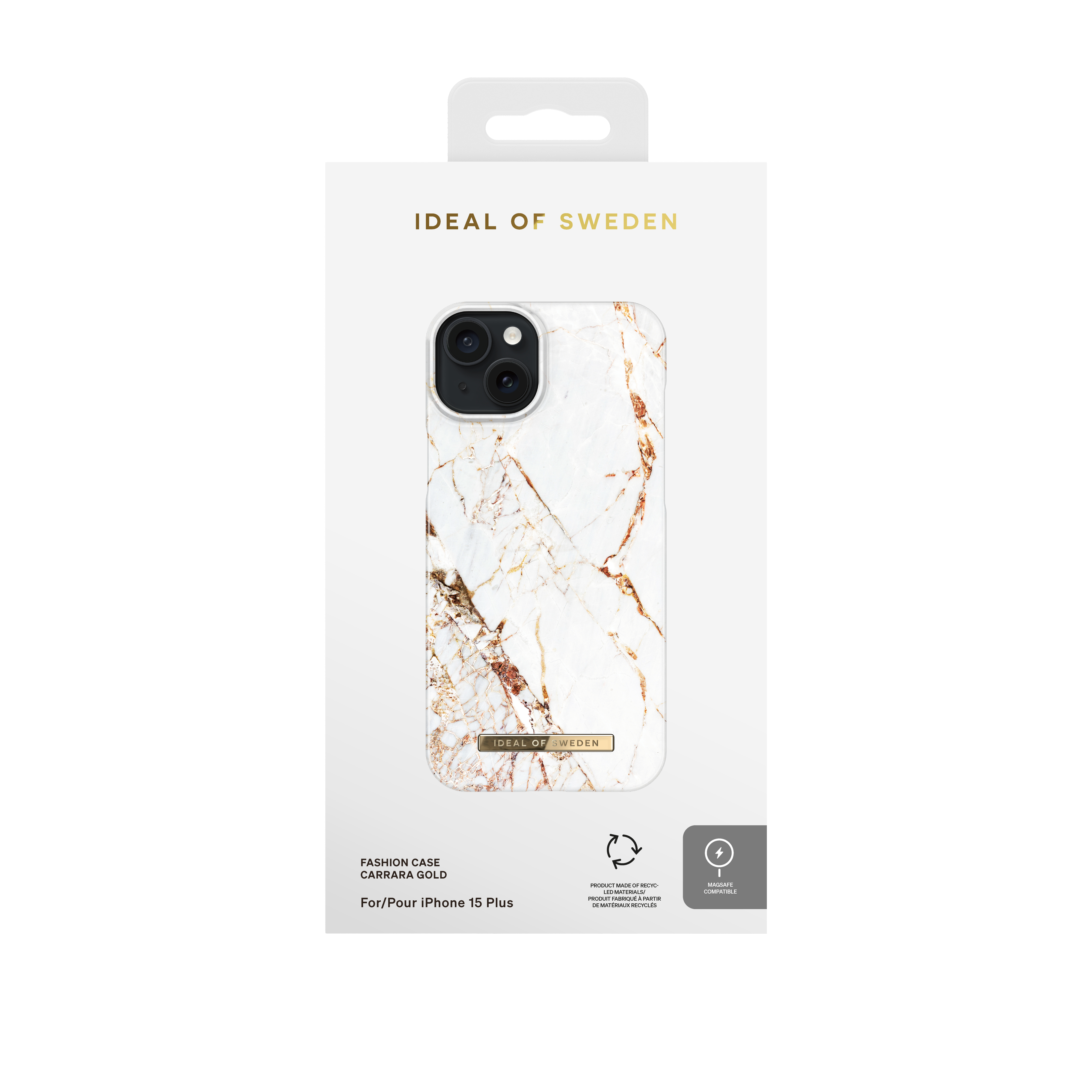 Verpackung für iPhone 15 Plus Hülle mit Marmormuster.