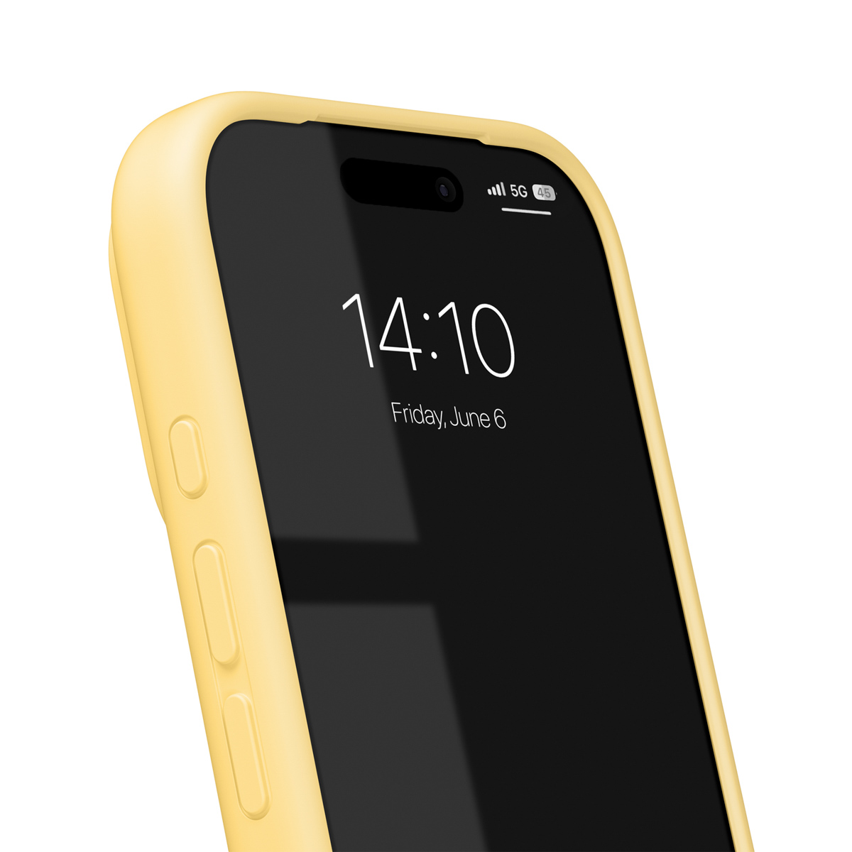 Ein gelbes Smartphone mit einer schwarzen Anzeige, auf der 14:10 steht.