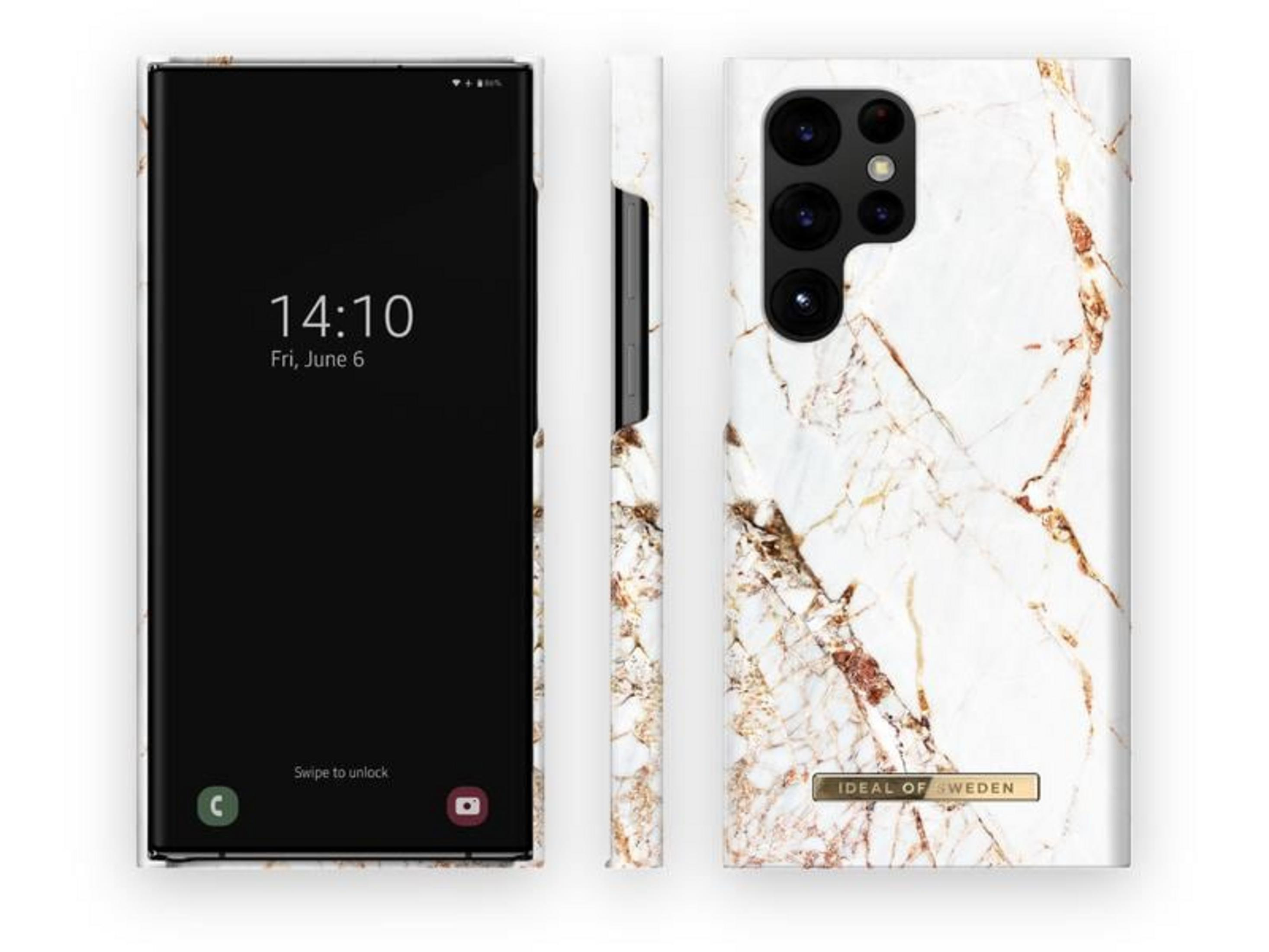 Ein Smartphone mit Marmor-Design-Hülle. Die Vorderseite zeigt den gesperrten Bildschirm.