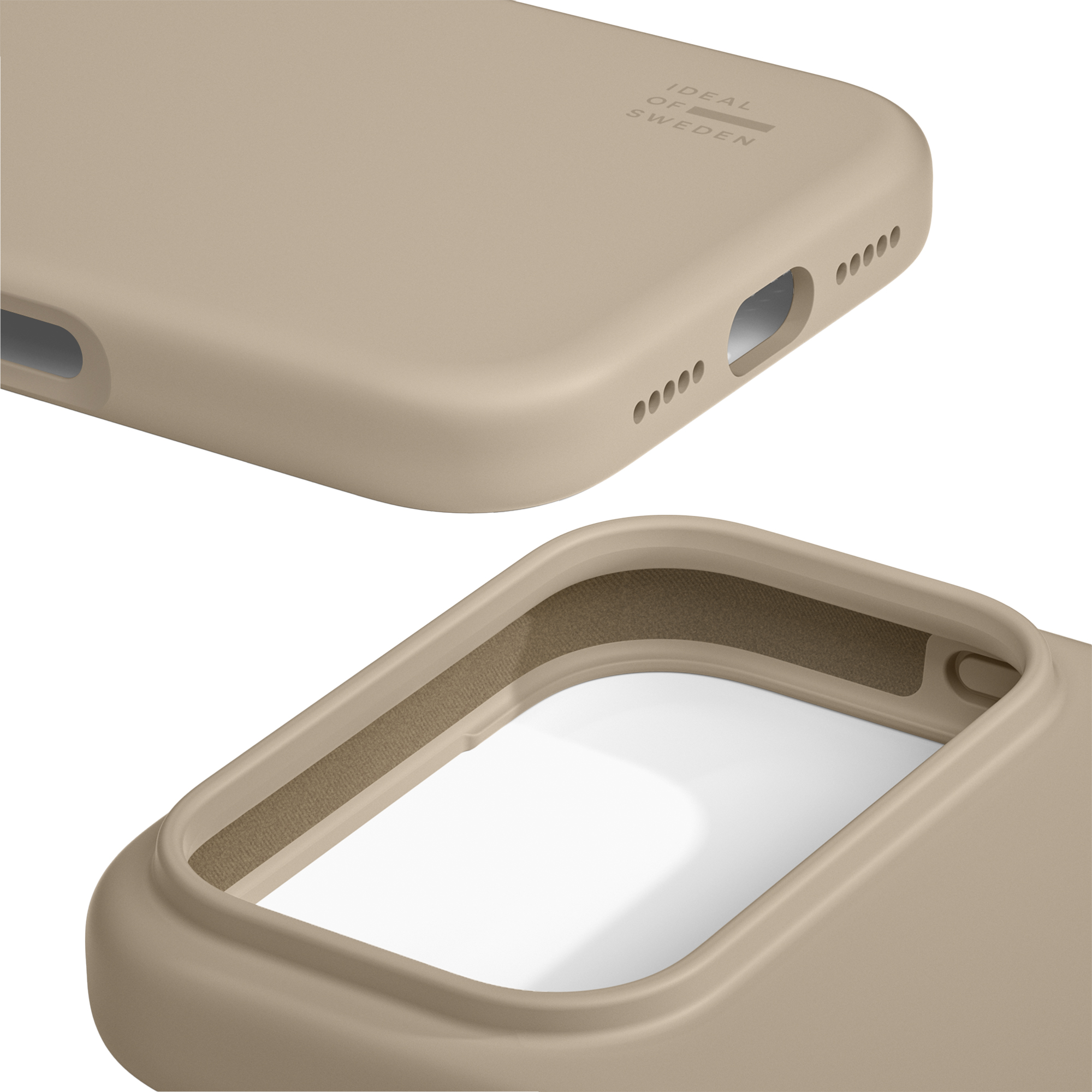 Eine beige Handyhülle mit Ausschnitten für Anschlüsse und Lautsprecher.