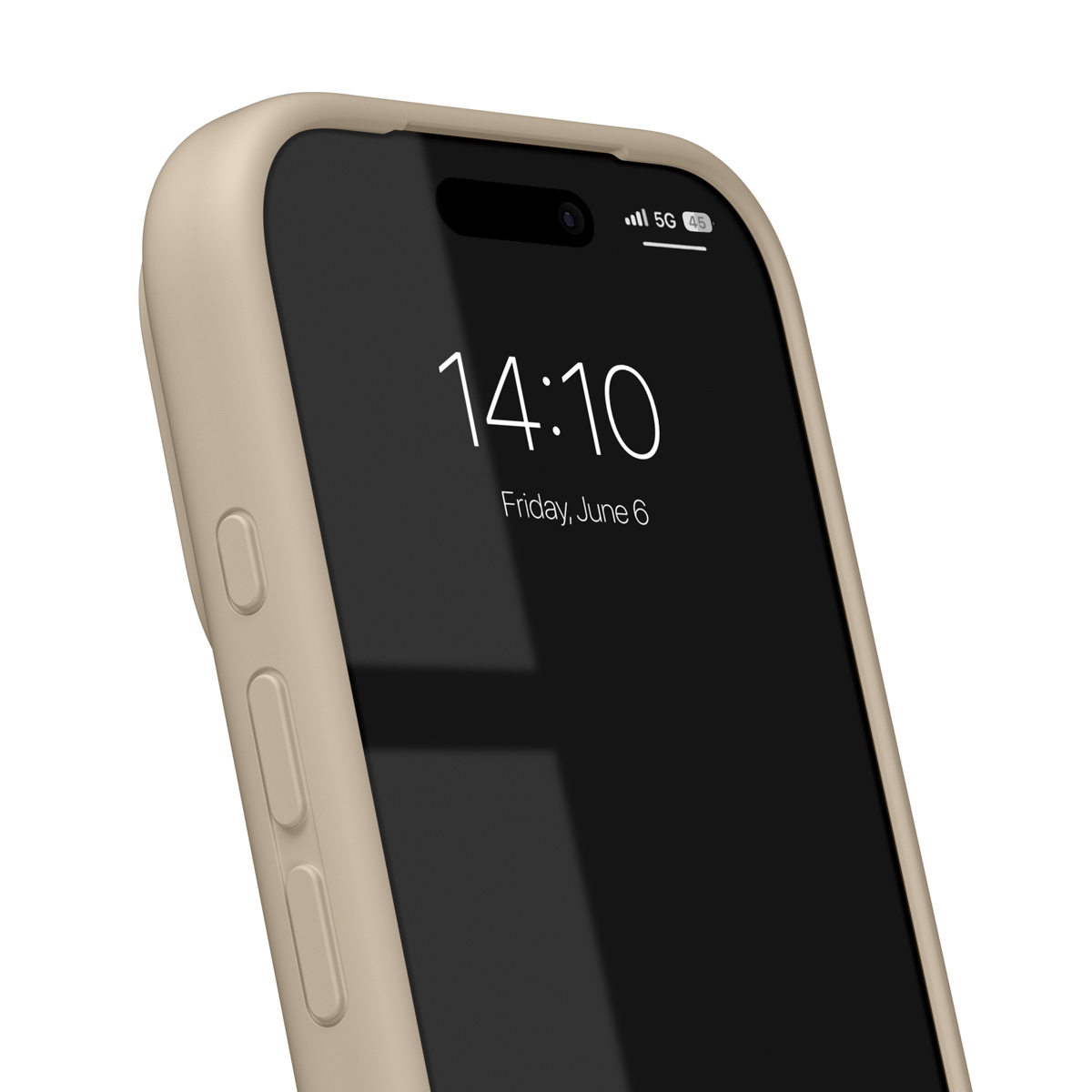 Ein beigefarbenes Handy mit schwarzem Bildschirm zeigt 14:10 an.