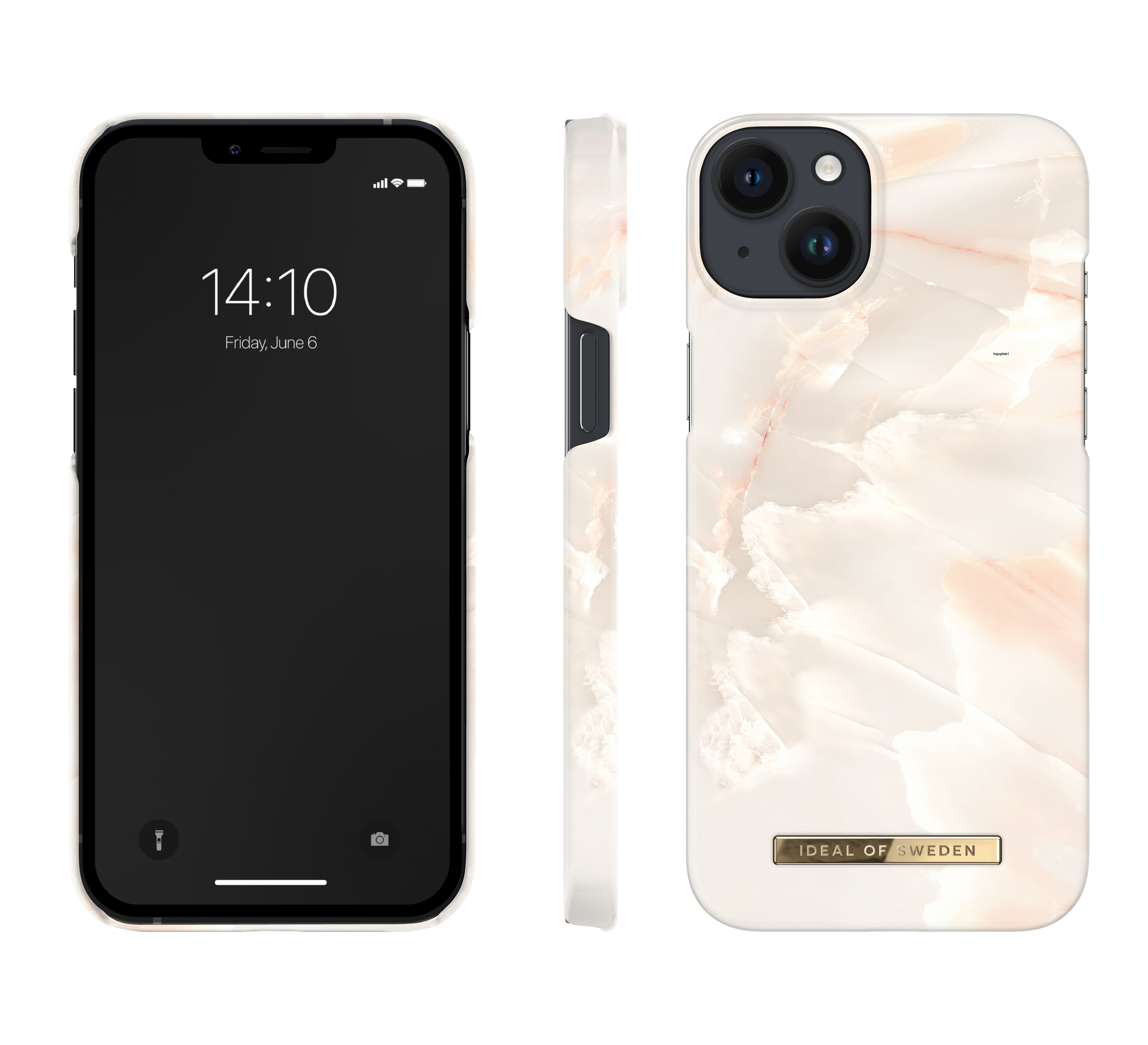 Ein iPhone-Case mit Marmormuster in Weiß und Rosa, seitliche Ansicht und Vorderseite.