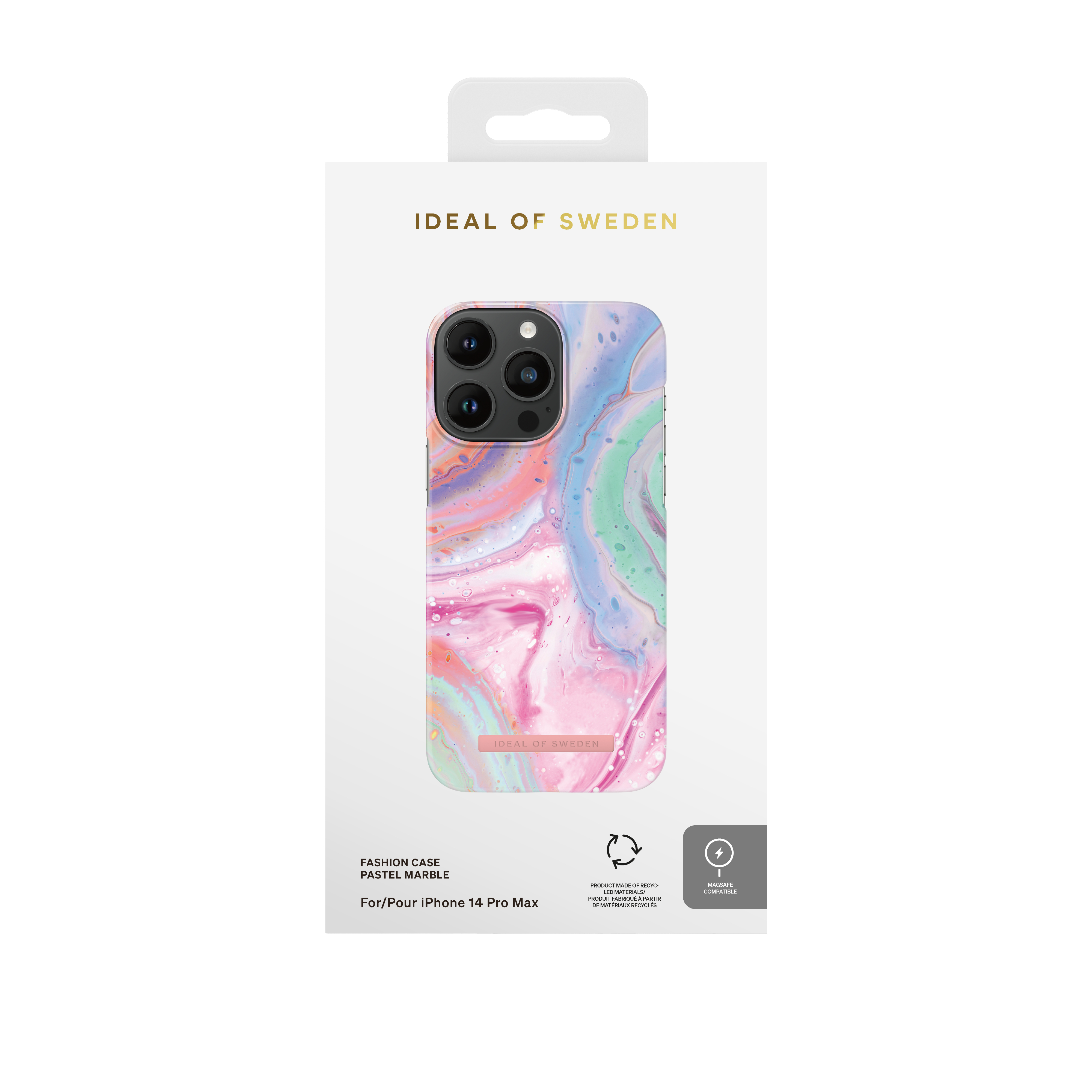Verpackung für eine iPhone 14 Pro Max Hülle im Pastell-Marmor-Design.