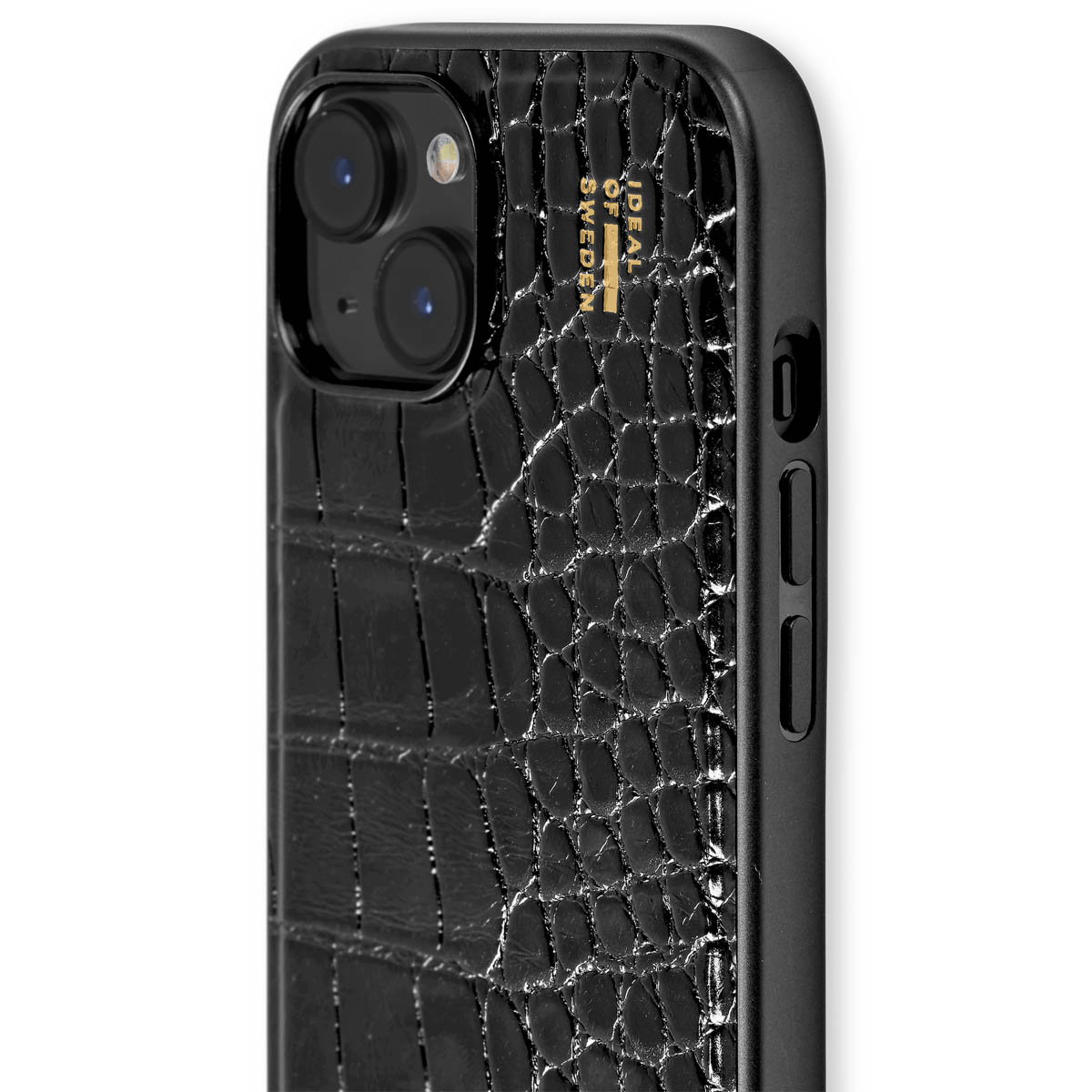Schwarze Handyhülle mit Kroko-Prägung und goldenem Logo.