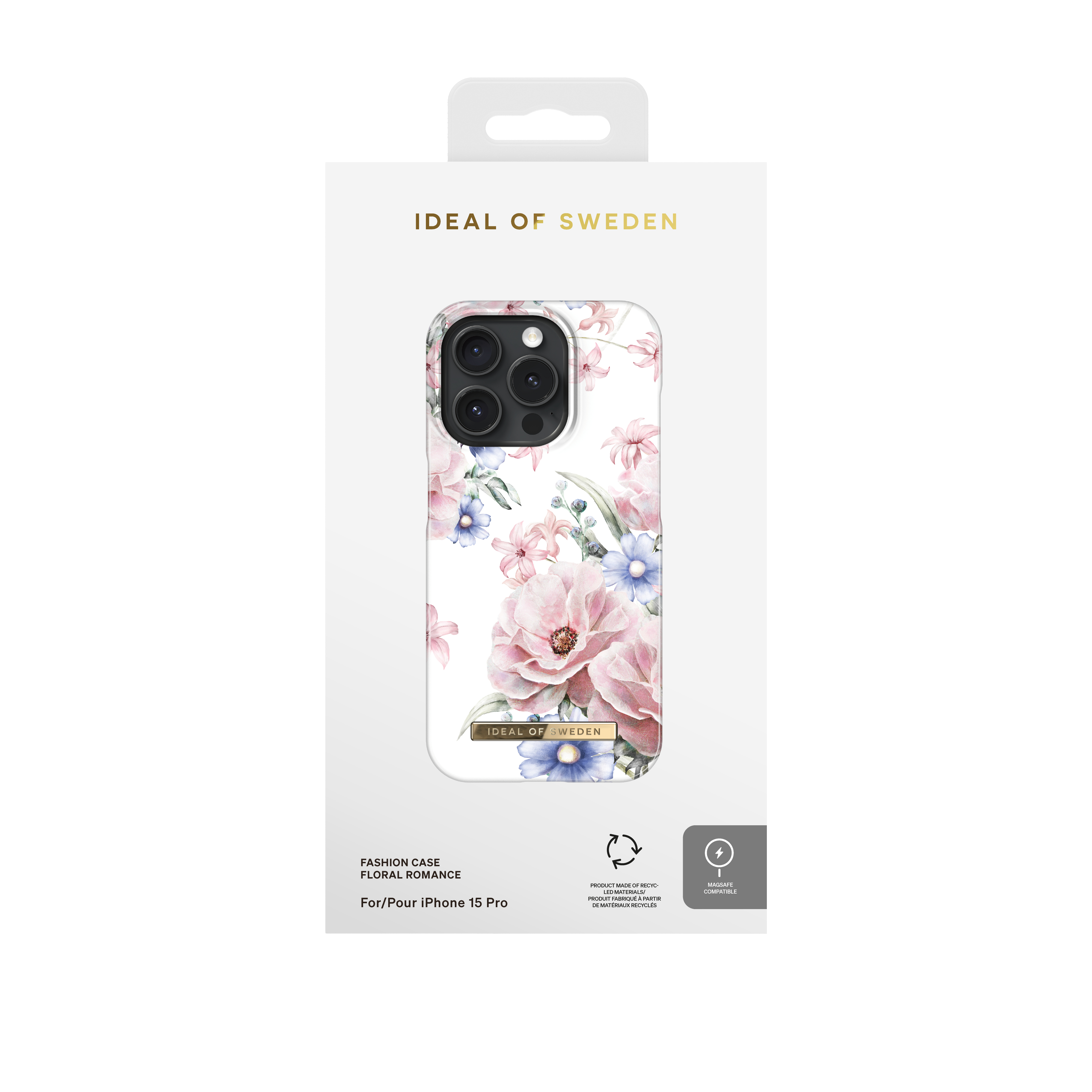 Verpackung für eine iPhone 15 Pro Hülle mit Blumenmuster.