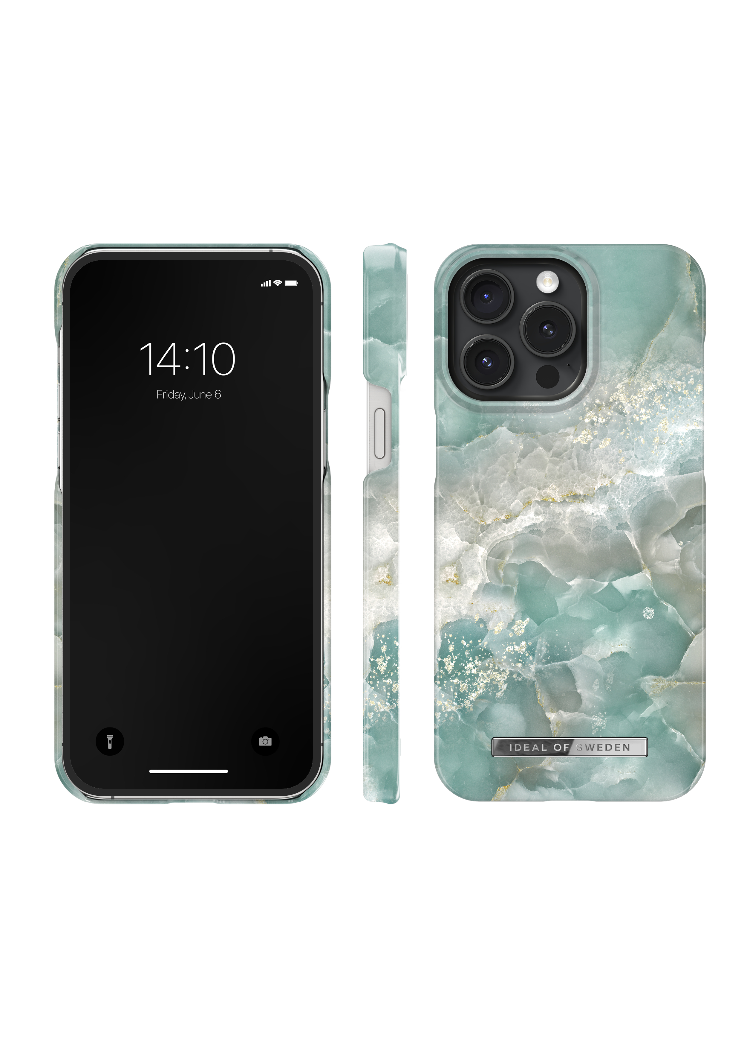 Ein iPhone mit Marmormuster-Hülle, Vorder- und Seitenansicht.