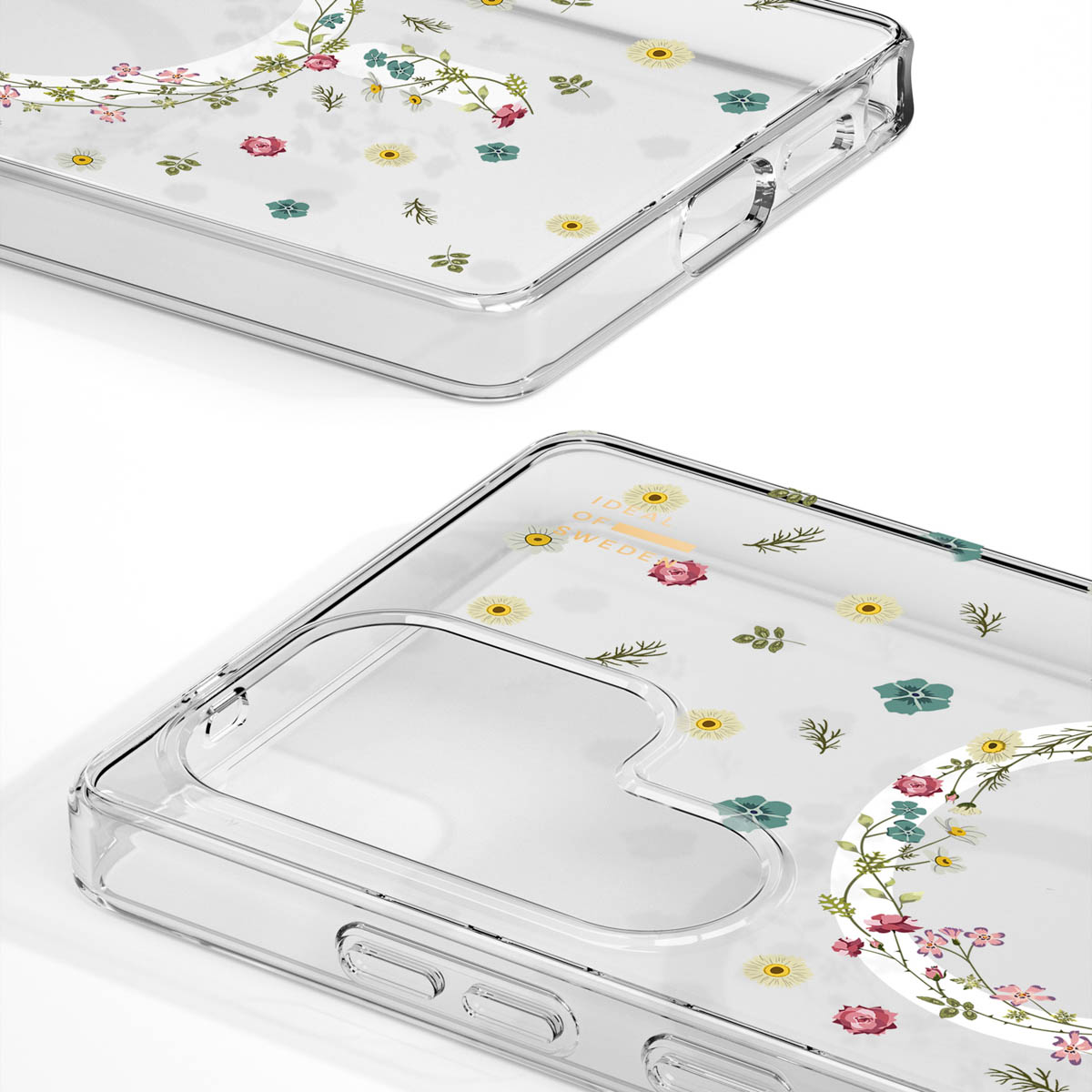 Klare Handyhülle mit Blumenmuster, "IDEAL OF SWEDEN" Schriftzug.
