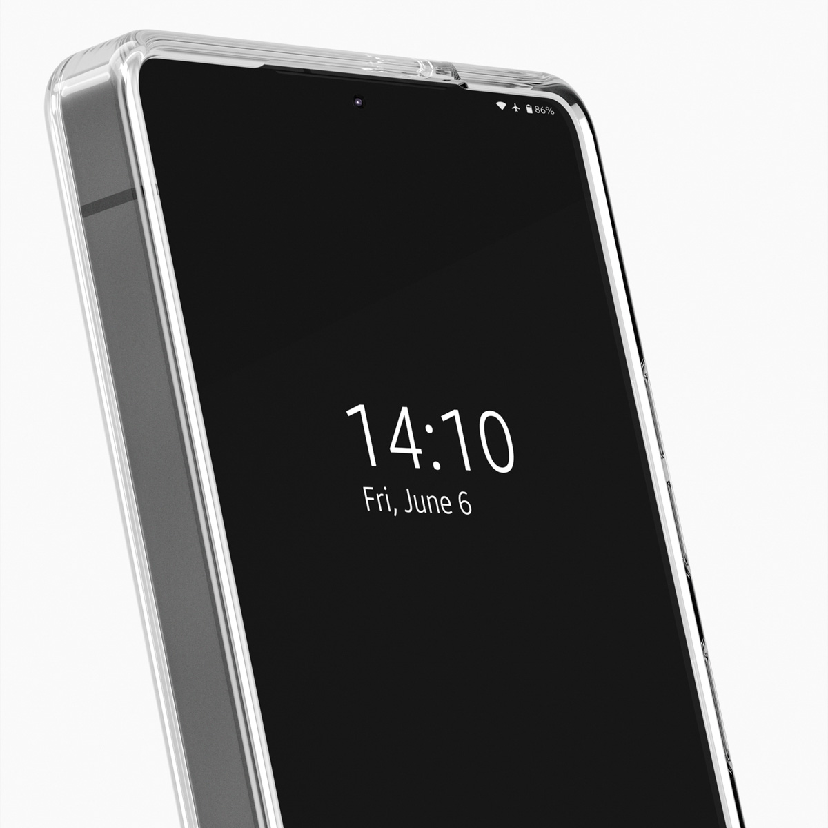 Ein Smartphone mit klarem Gehäuse zeigt 14:10 und Freitag, 6. Juni an.