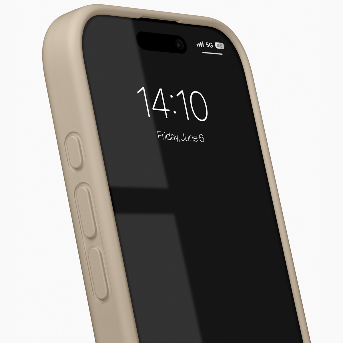 Ein hellbraunes Handy mit einem schwarzen Bildschirm, auf dem 14:10 steht.