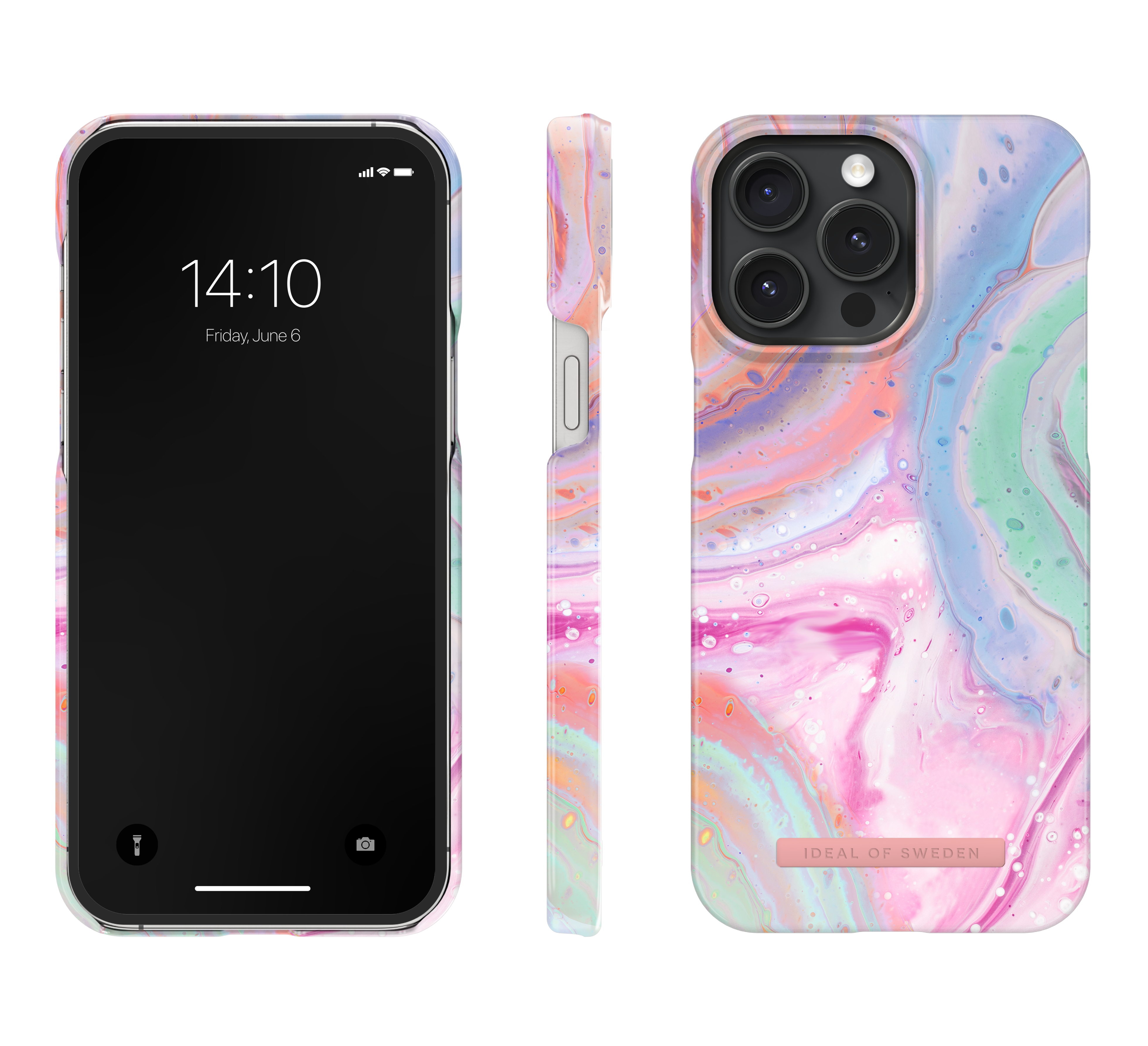 Ein Smartphone mit Marmormuster-Hülle in Rosa, Blau und Grün, von vorne und der Seite gezeigt.