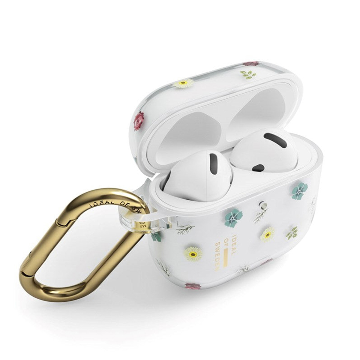Ein durchsichtiger AirPods-Case mit Blumenmuster und goldenem Karabiner.