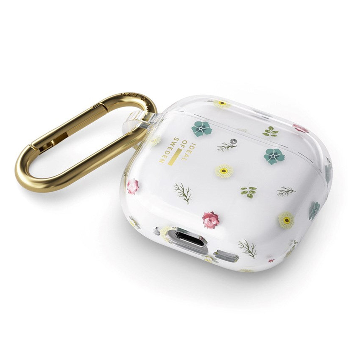 Transparente Hülle mit Blumenmuster und goldenem Karabiner.