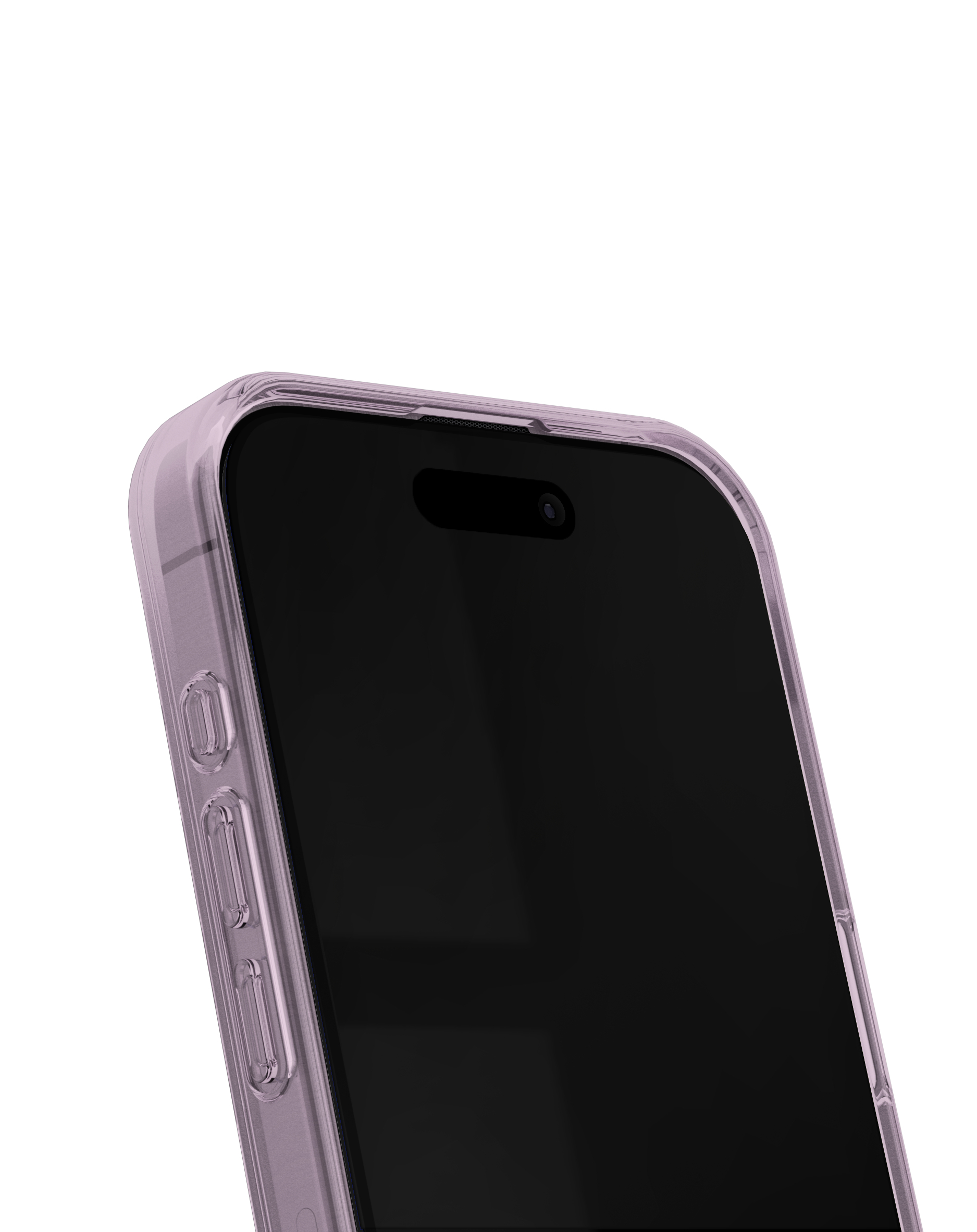 Primo piano di una custodia per telefono rosa traslucida con pulsanti neri.