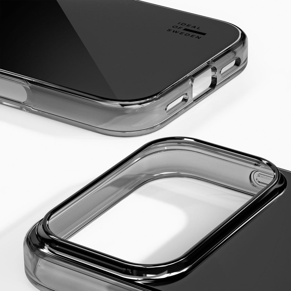 Transparente Handyhülle mit glänzender schwarzer Rückseite und Logo.