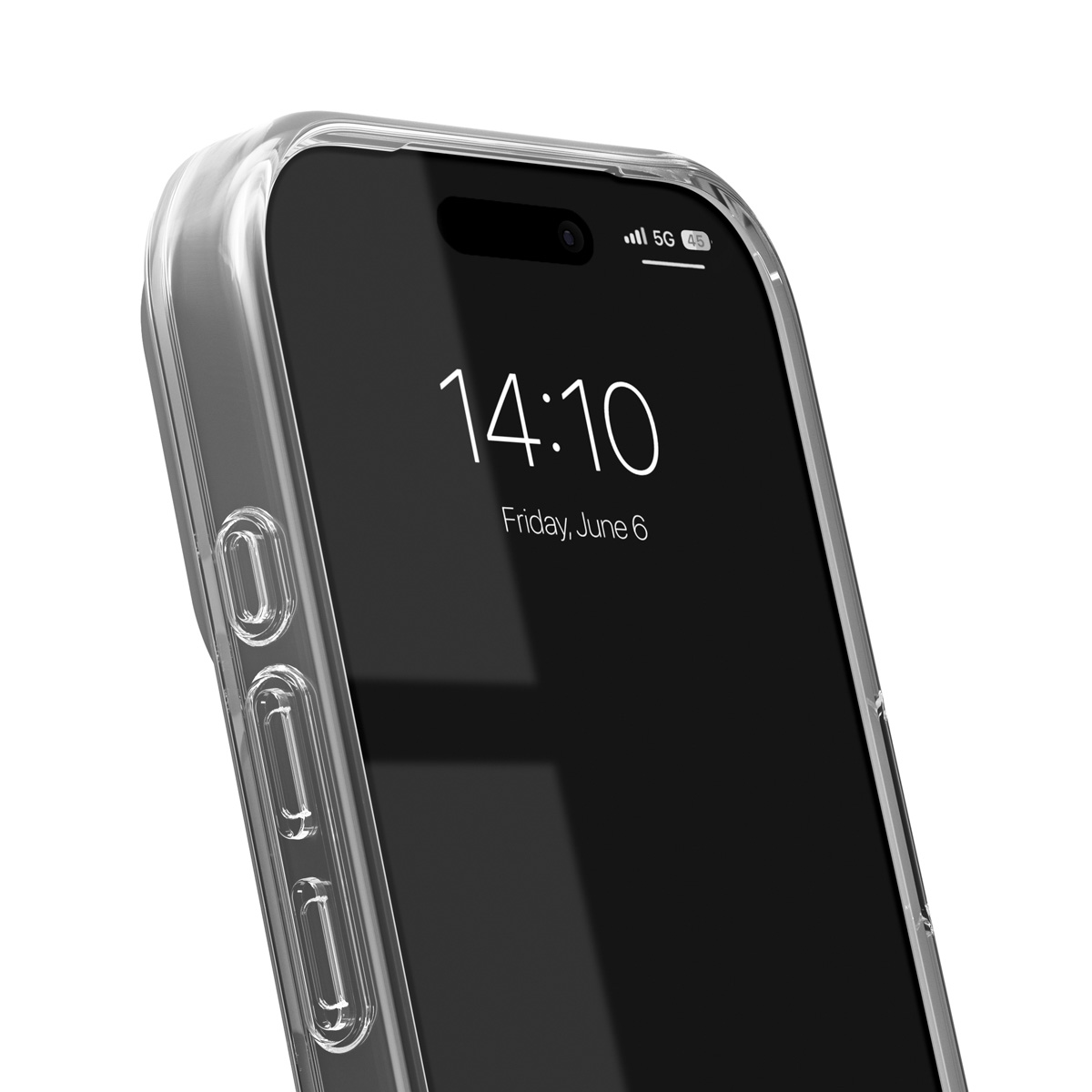 Ein durchsichtiger Handyhülle mit seitlichen Tasten, auf einem Smartphone mit 14:10 Uhr.