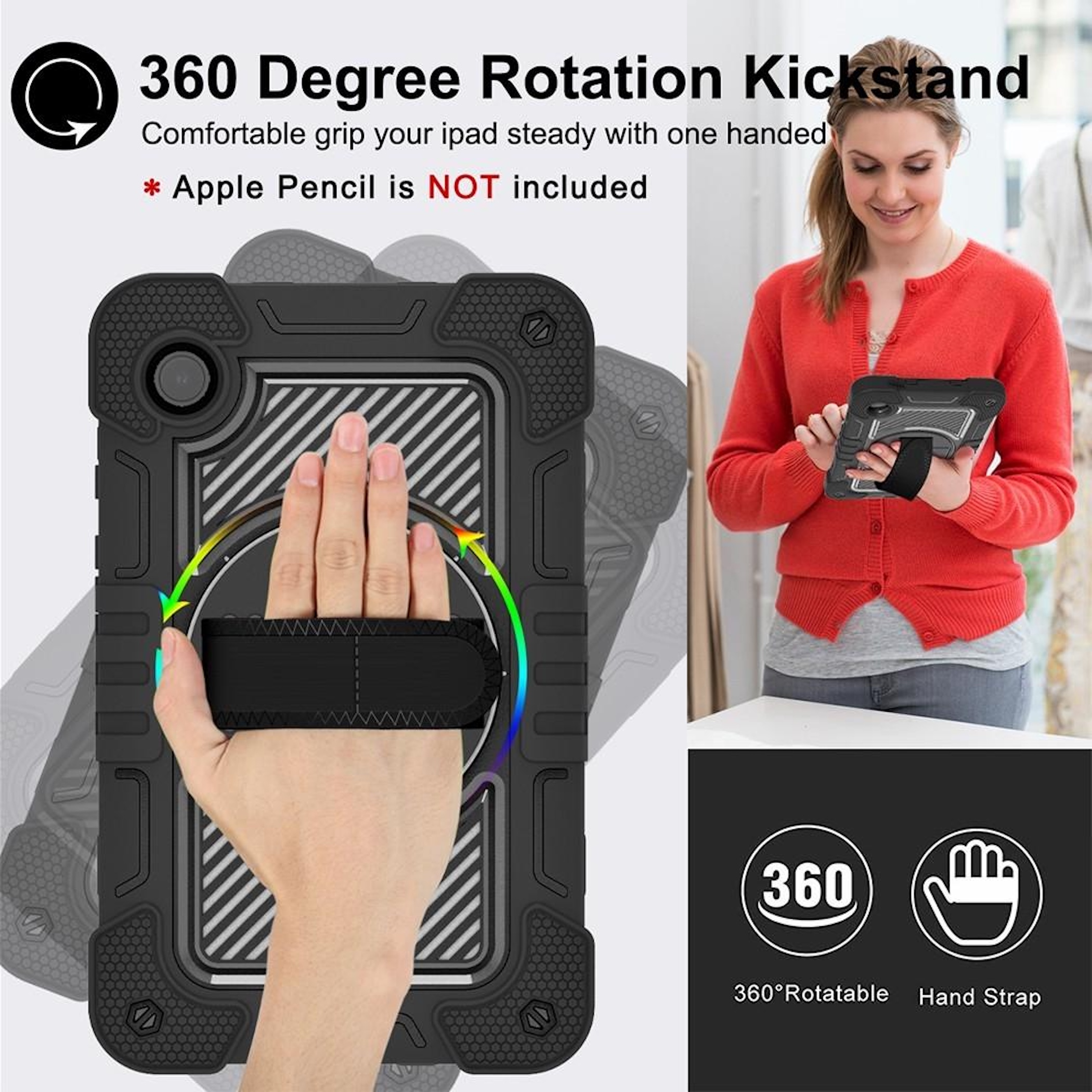 Schwarze iPad-Hülle mit 360-Grad-Drehung und Handschlaufe. Frau hält sie.