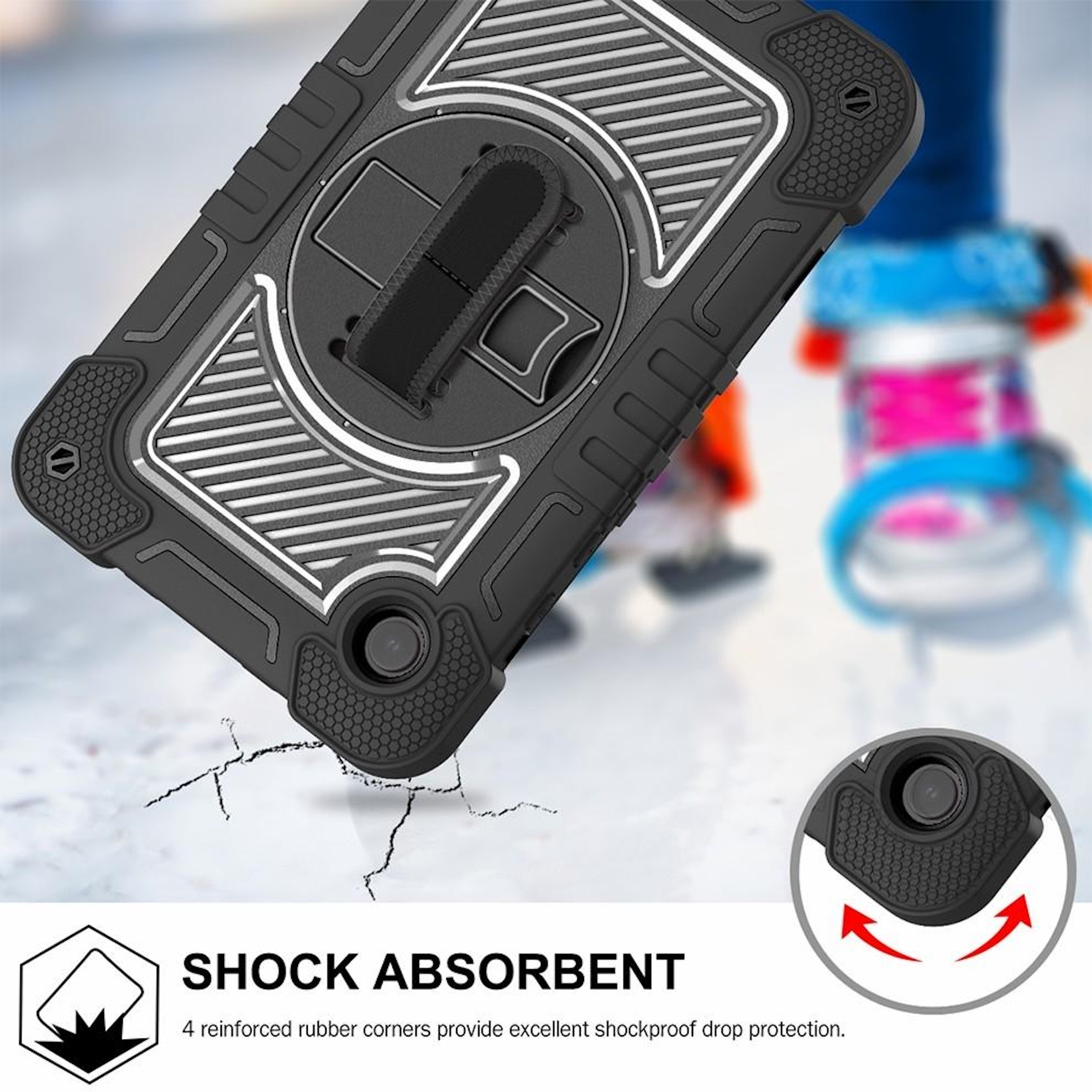 Schwarzes Schutzgehäuse mit verstärkten Ecken, das auf einem rissigen Boden liegt.